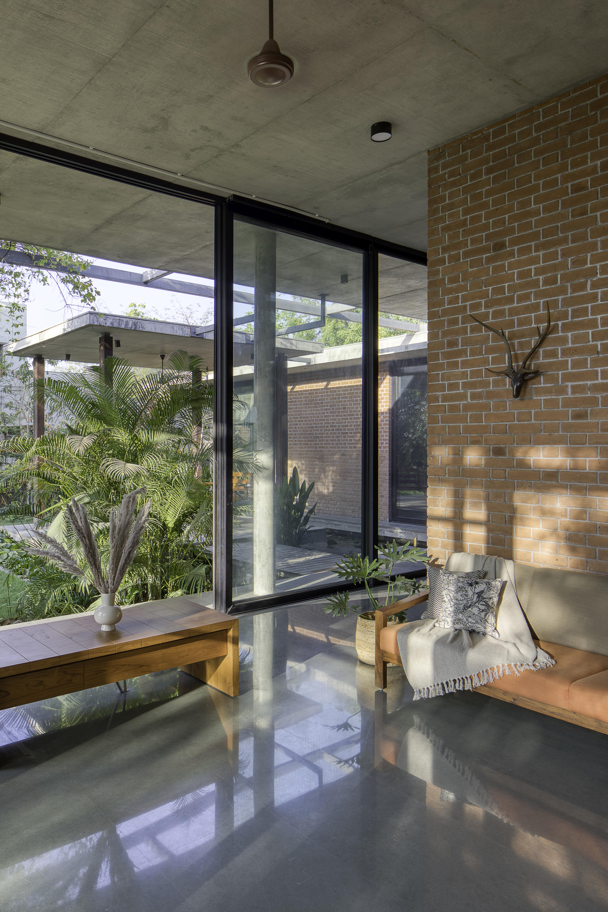 Interior living space with polished concrete floor reflecting light from glazed walls overlooking planted courtyard