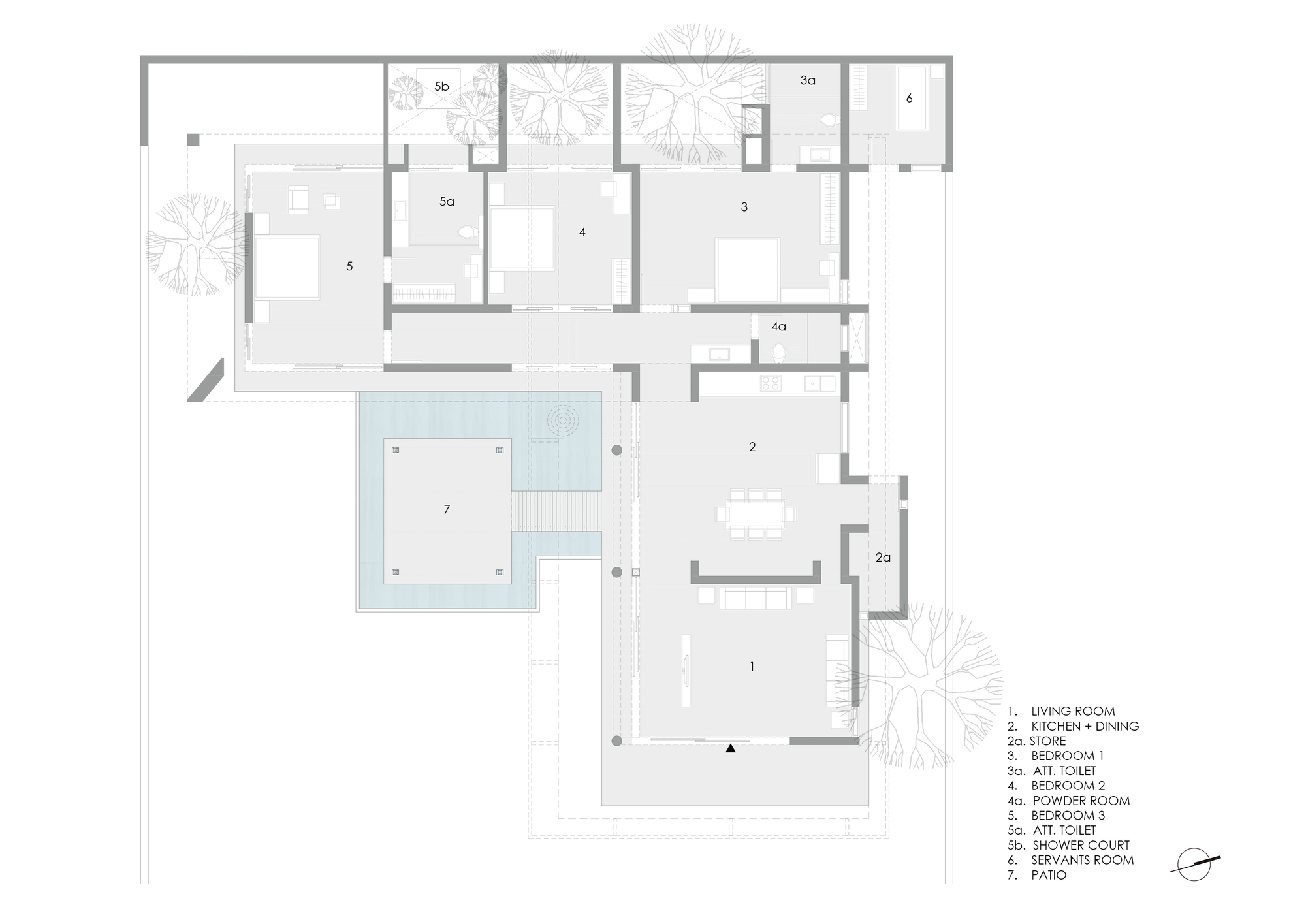 Floor plan drawing indicating living spaces organized around a patio with pool and planted courtyards