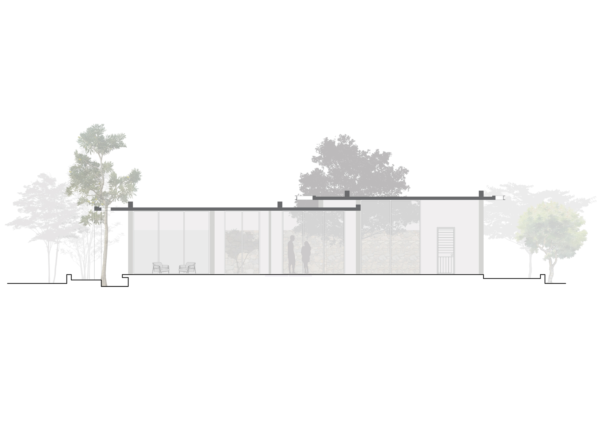 Section drawing showing the single-story structure with flat roof and figures beneath trees