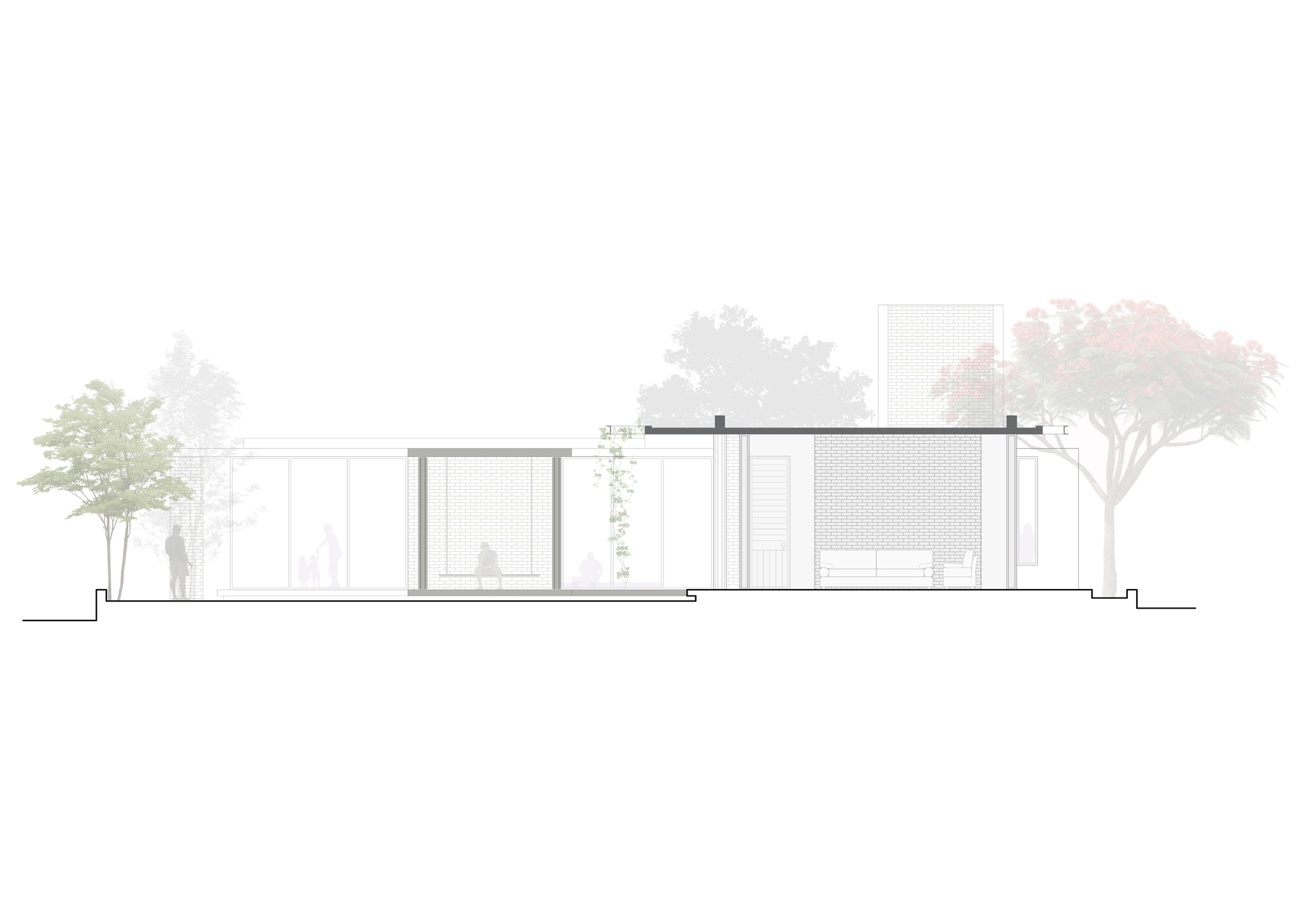 Section drawing revealing interior volumes with glass walls and brick screen beneath the horizontal roof plane