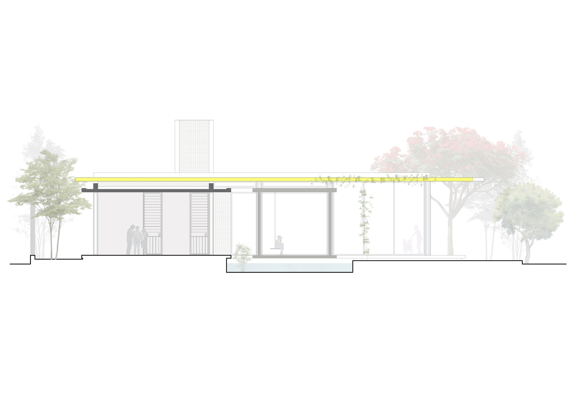 Section drawing showing a single-story pavilion with yellow roof canopy and surrounding trees