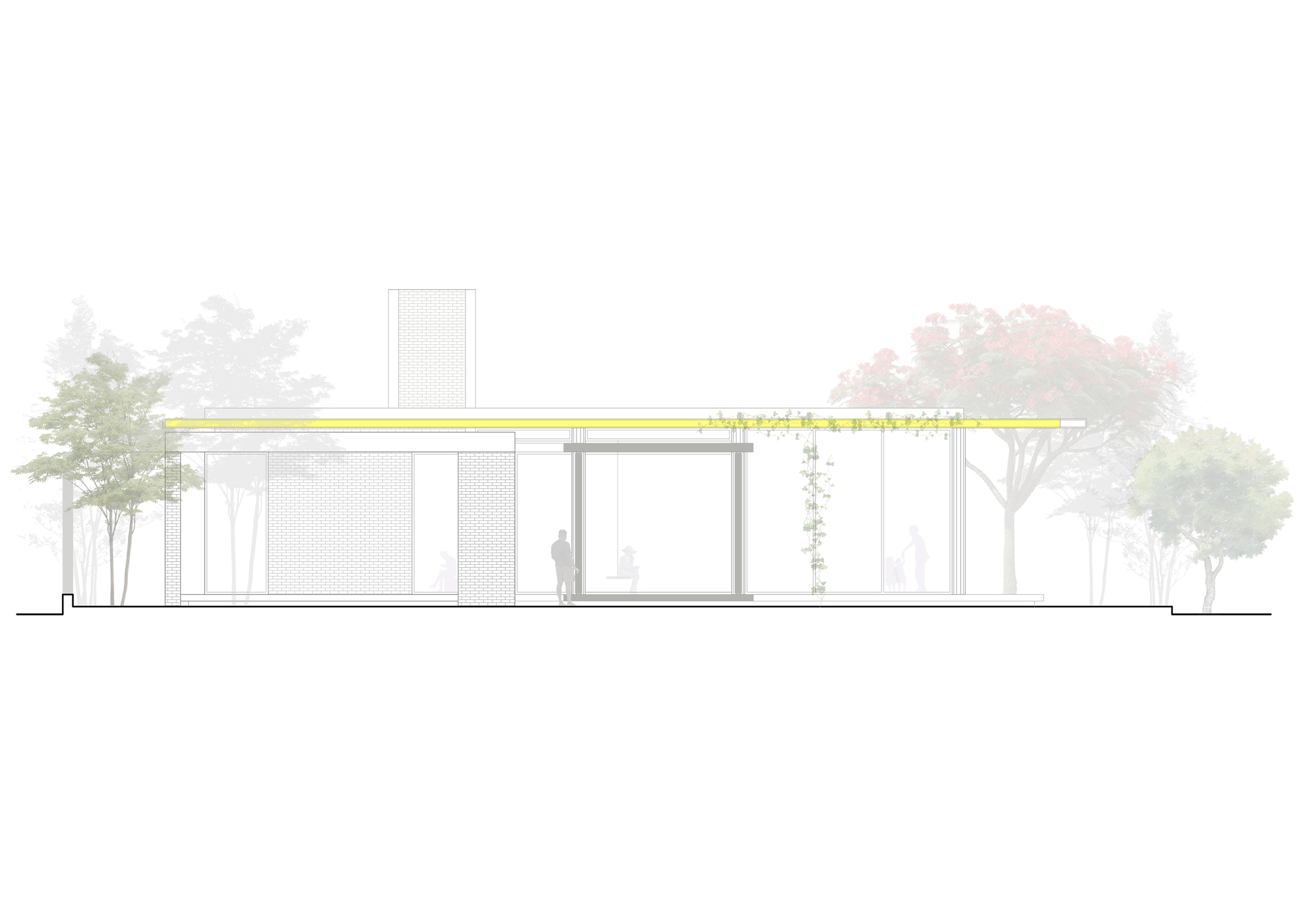 Elevation drawing depicting a low horizontal volume with glass walls and perforated screen tower