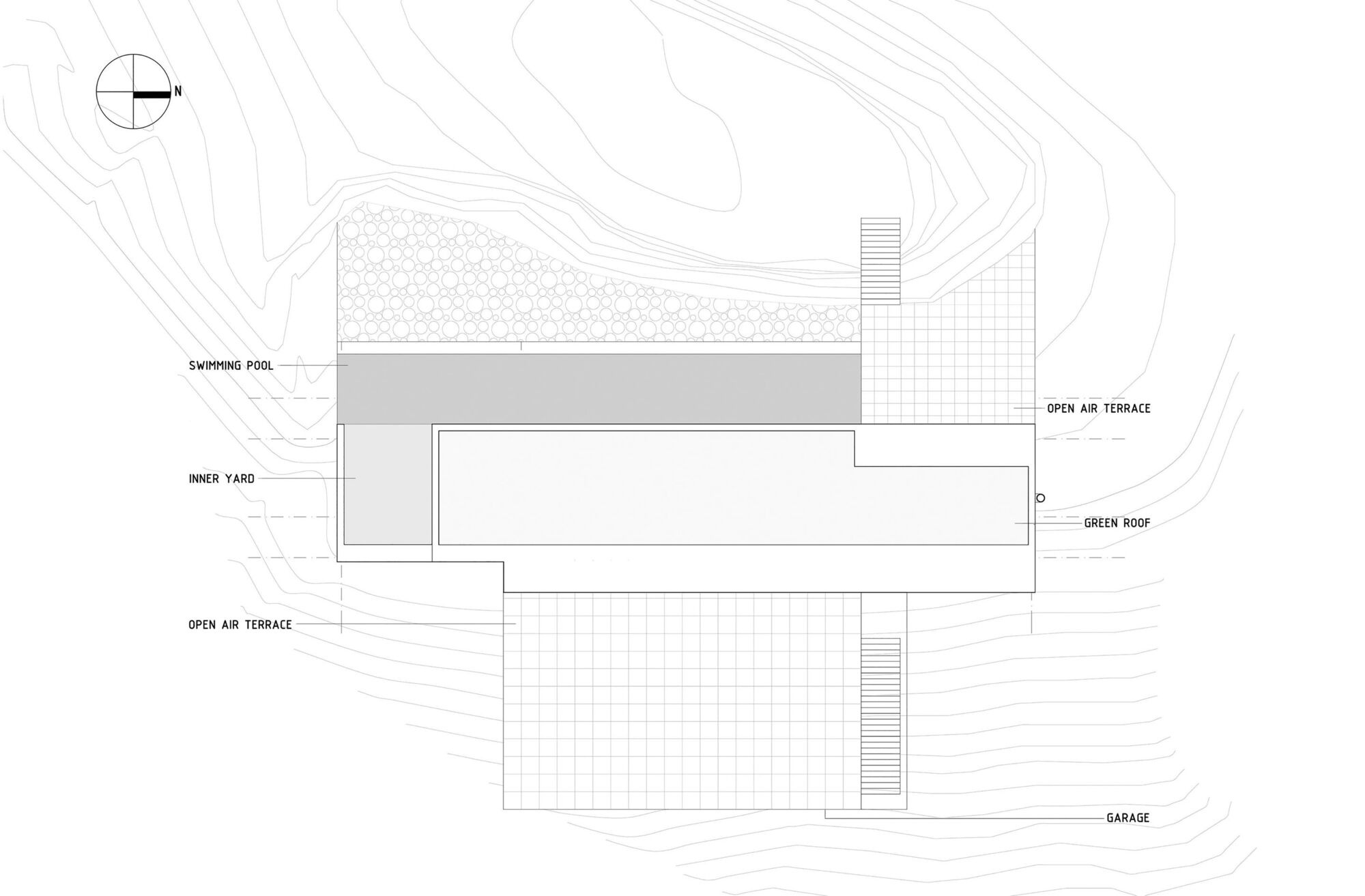 Roof plan drawing with topographic contours showing terraces, pool, green roof and garage locations