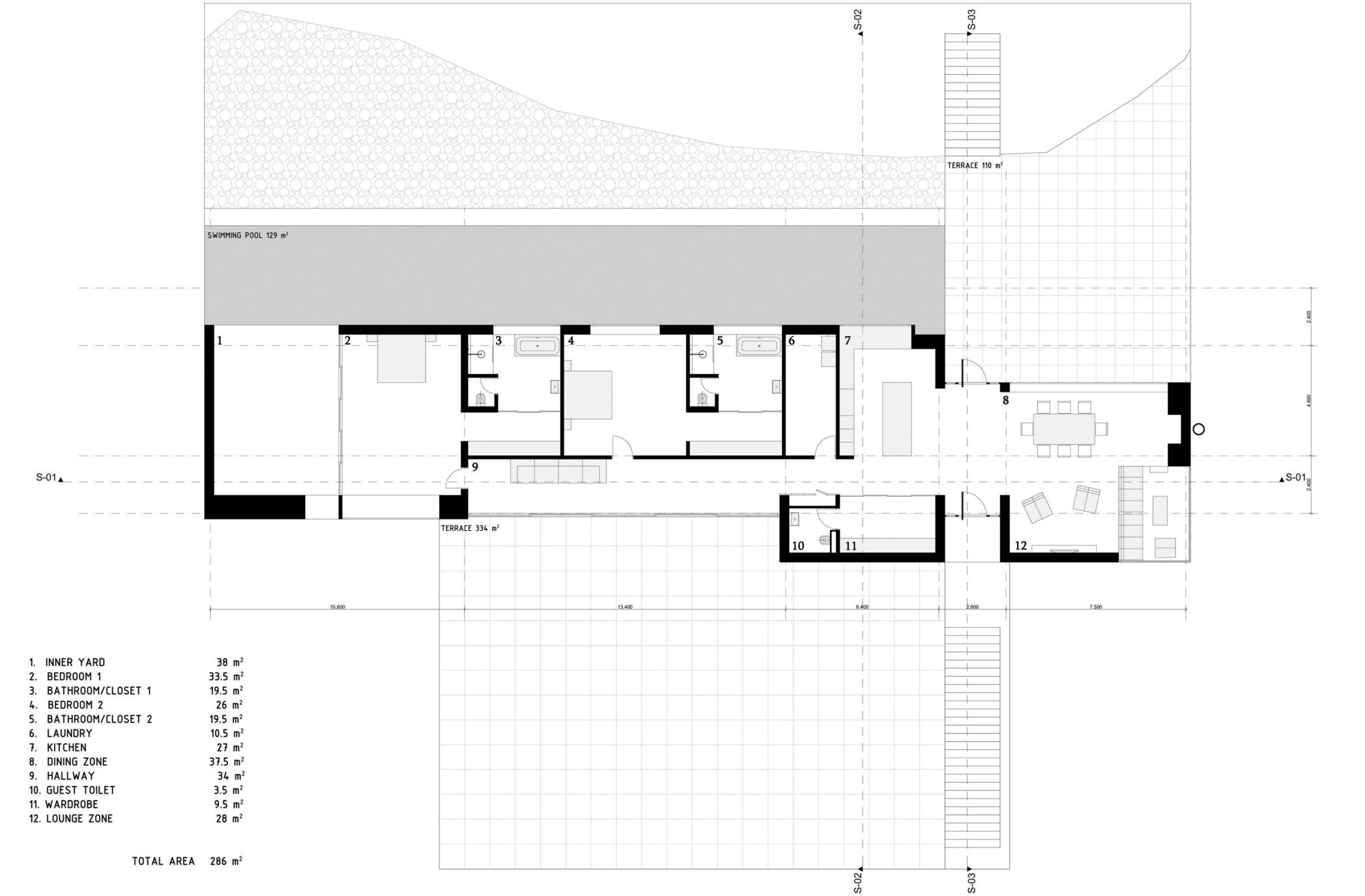 Floor plan drawing with three bedrooms, living area and terraces arranged along a linear bar