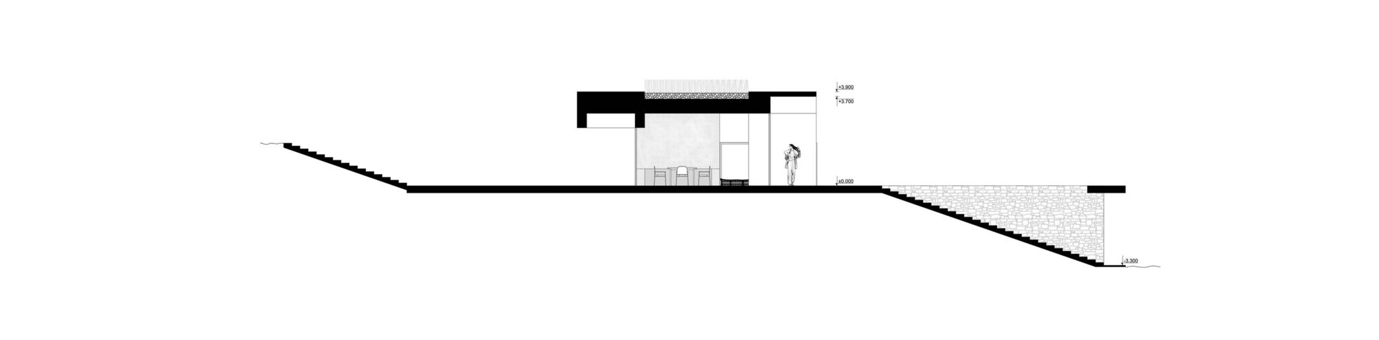 Section drawing showing the volume stepping down a sloped site with interior spaces