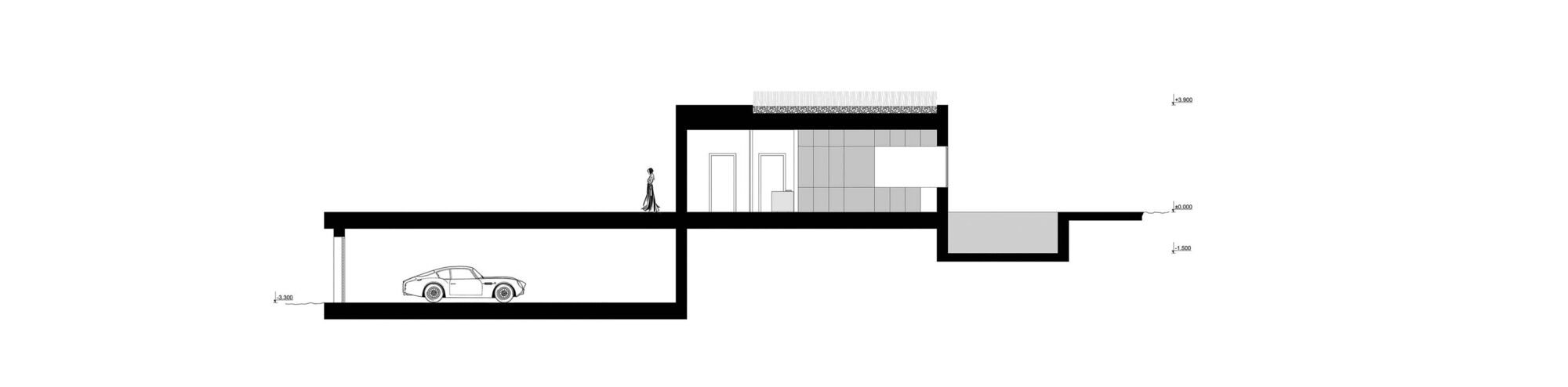 Section drawing showing split-level spaces with garage below and living areas above grade