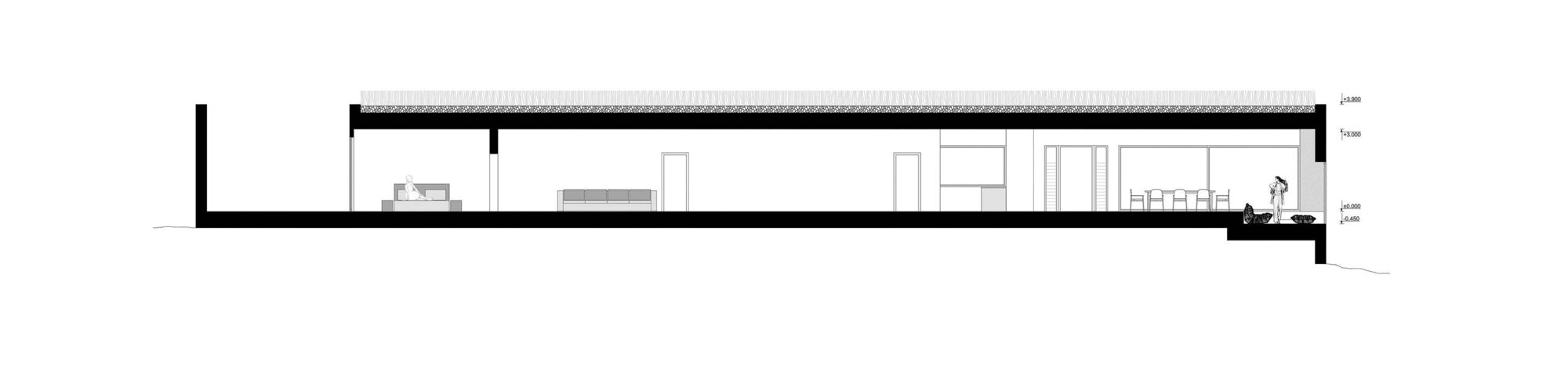 Longitudinal section drawing showing a low-profile horizontal volume with tall left boundary wall