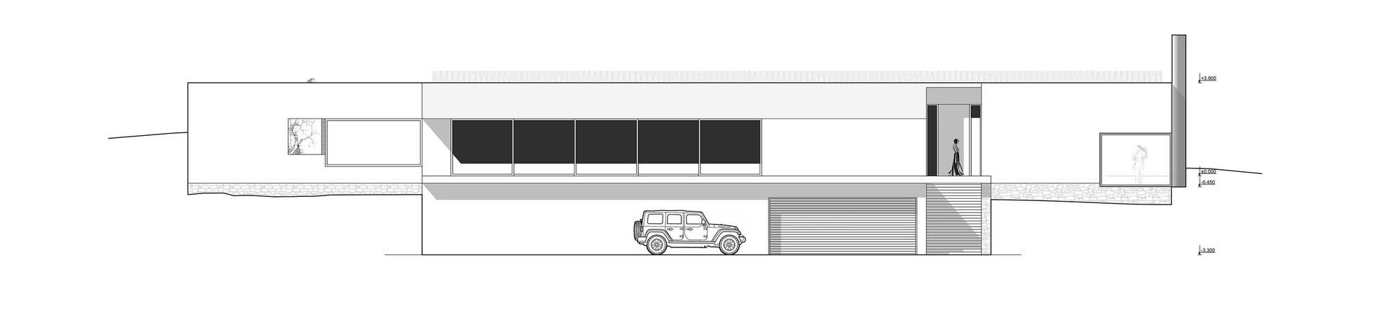 Elevation drawing depicting a linear structure with dark glazing band and parked vehicle below