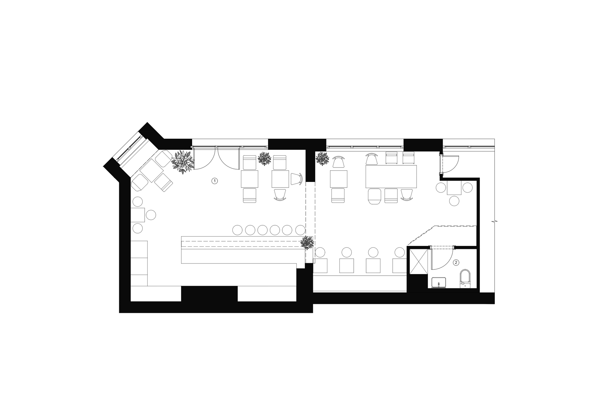 Floor plan drawing showing two connected rooms with seating areas and service counter