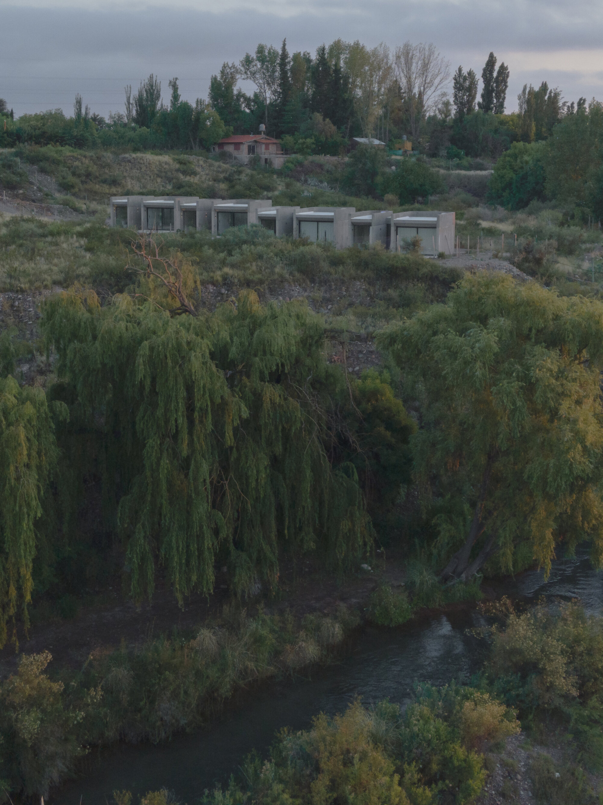 Long concrete volume set into a terraced hillside above a river with willow trees at dusk