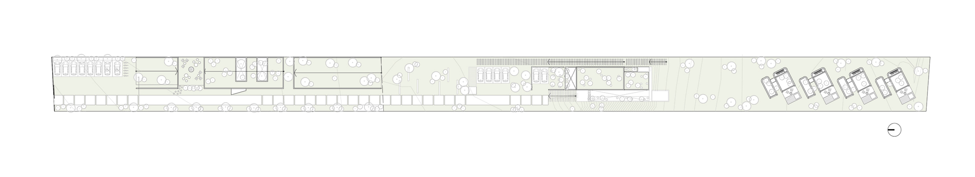 Elongated floor plan drawing showing linear sequence of rooms with four units at the right end