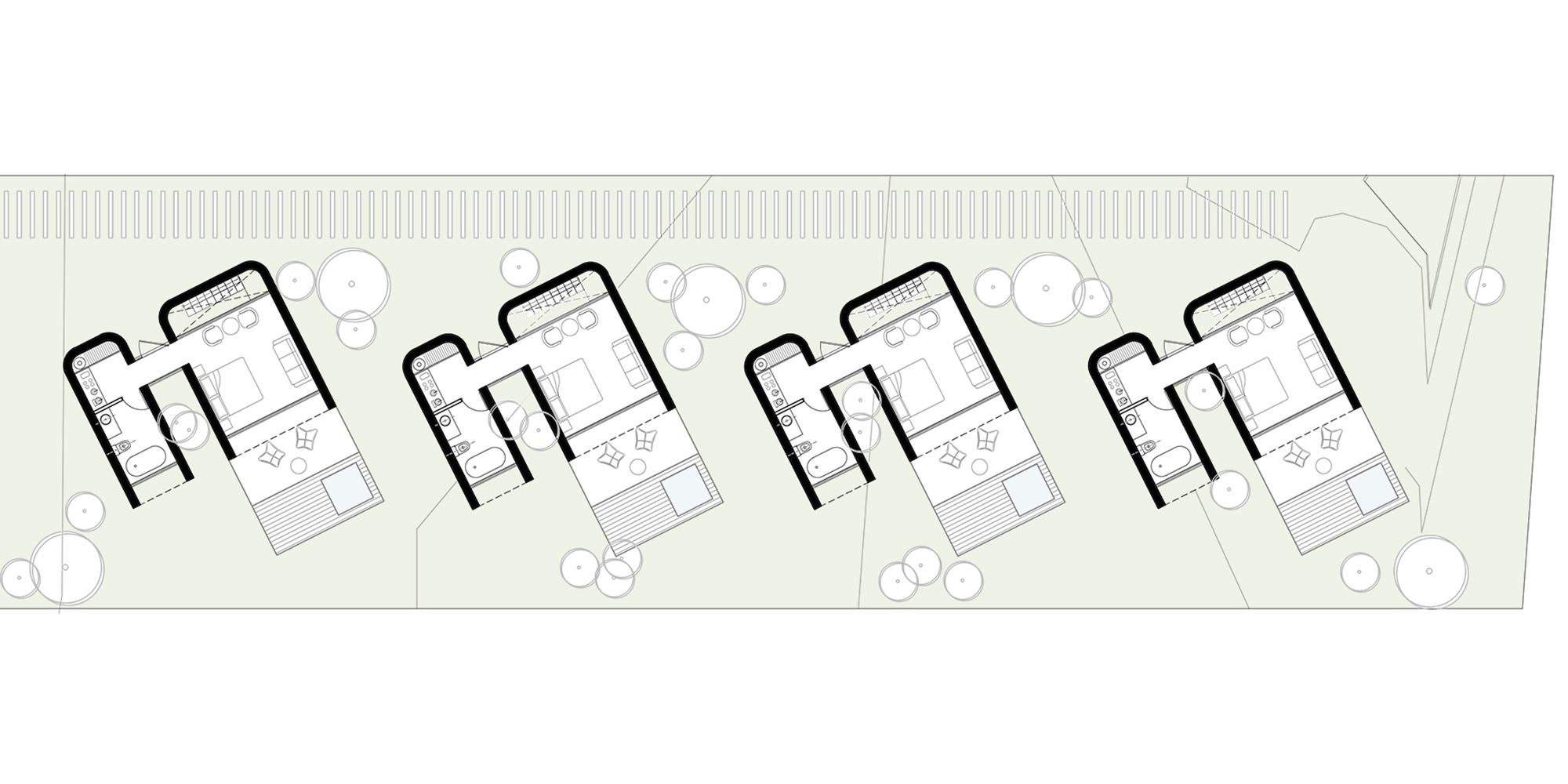 Site plan drawing showing four rectangular units arranged in a row with landscaped surroundings