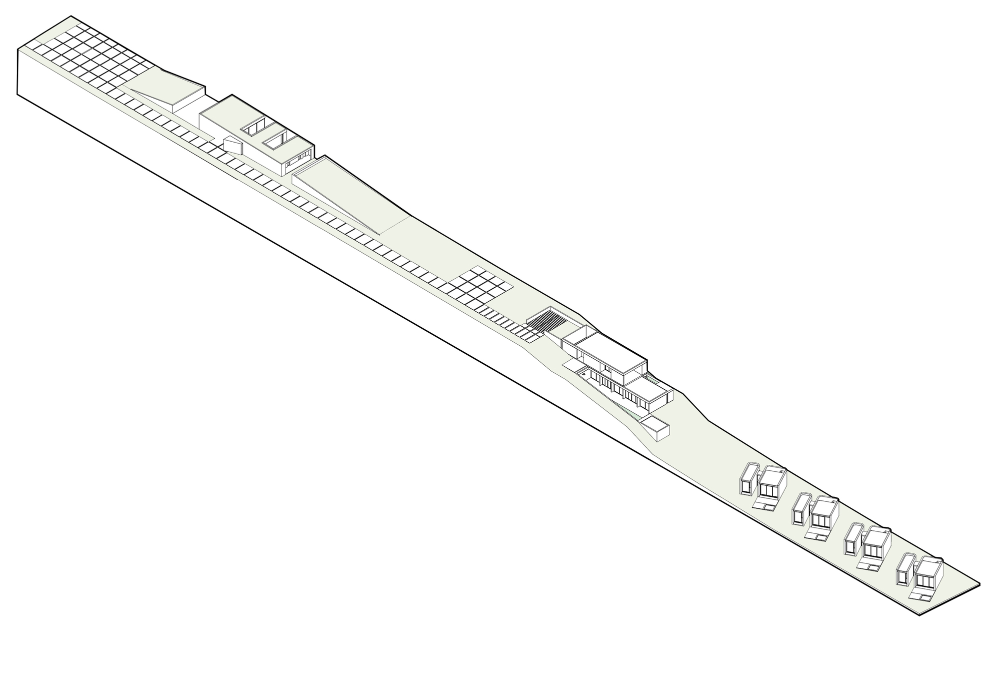 Axonometric line drawing showing a linear site with residential units at one end and open structure above