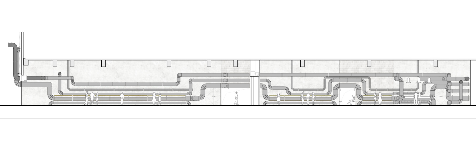 Section drawing showing exposed mechanical ductwork routing throughout the interior spaces
