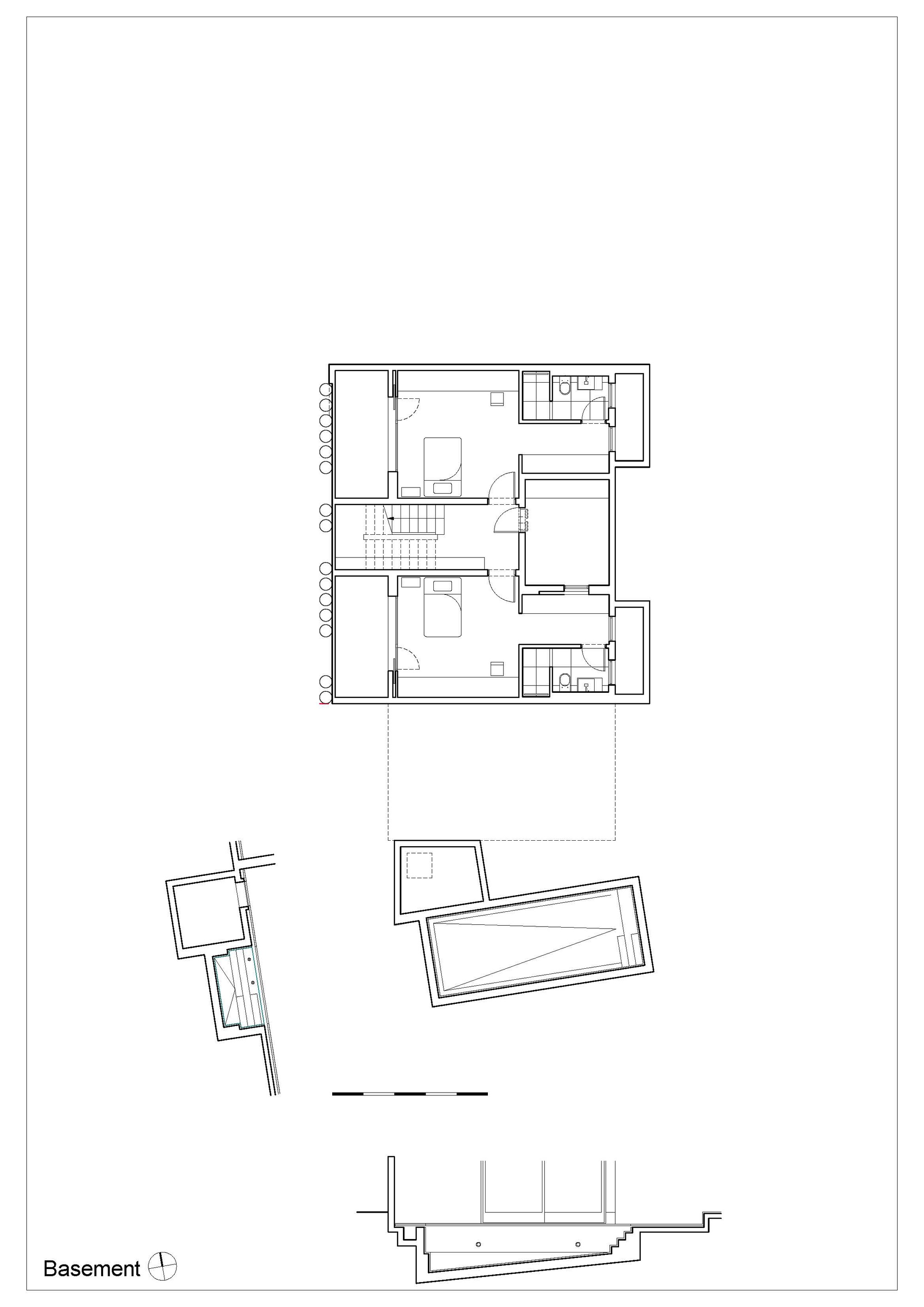 Basement floor plan drawing showing upper level rooms and angled structures below