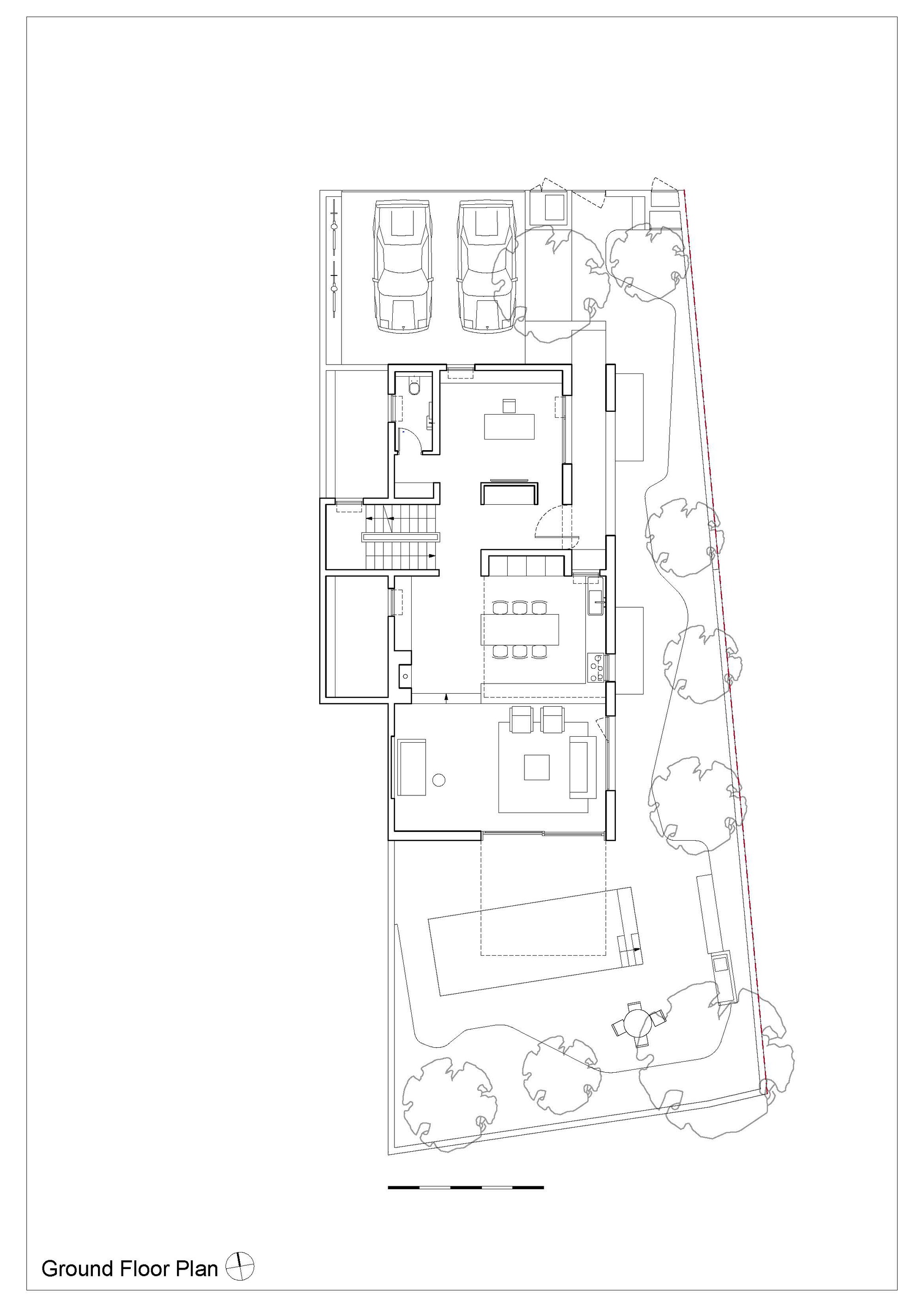 Ground floor plan drawing showing garage, living areas and garden with tree canopies