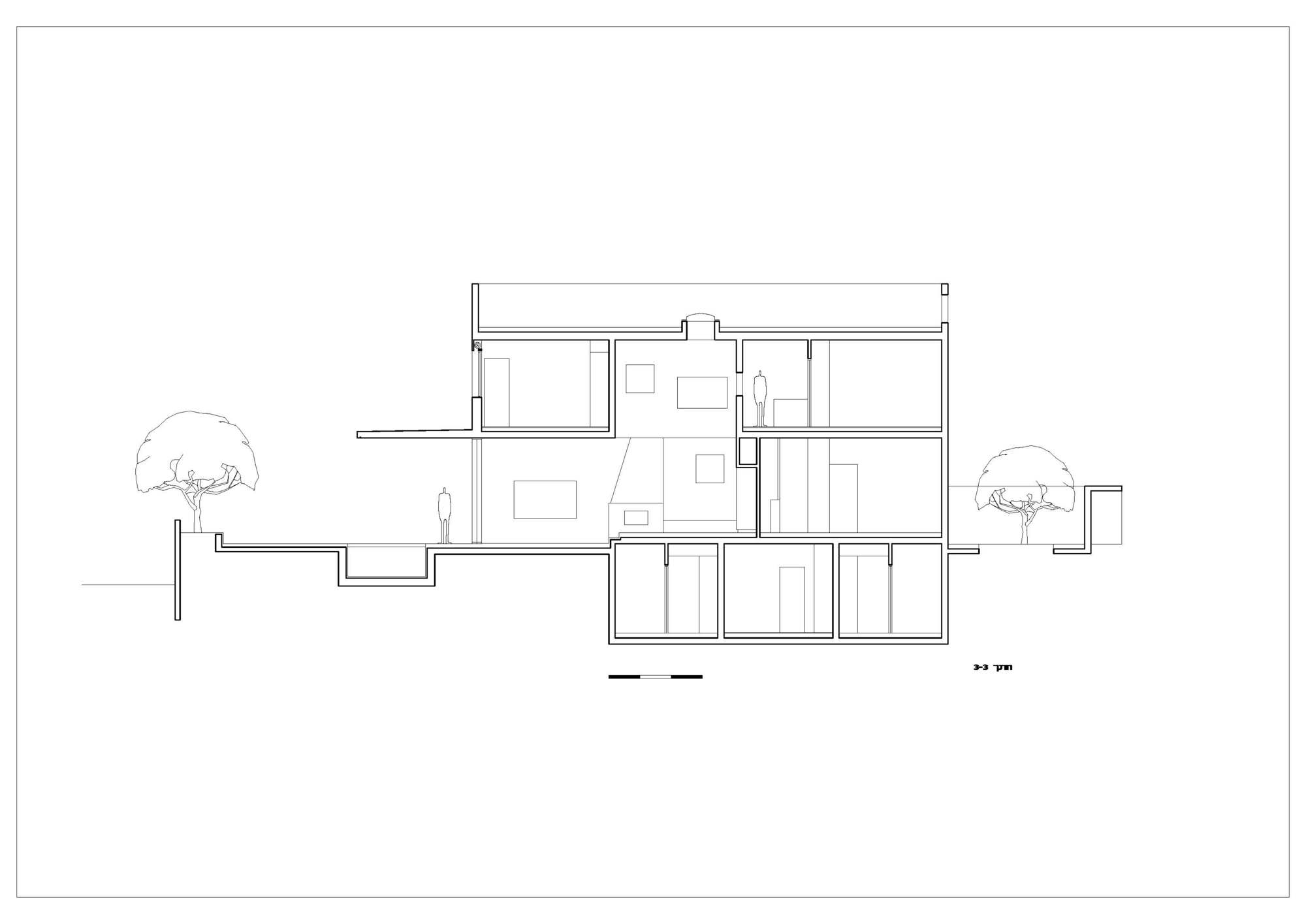 Section drawing showing three-story residence with double-height spaces and trees flanking the structure
