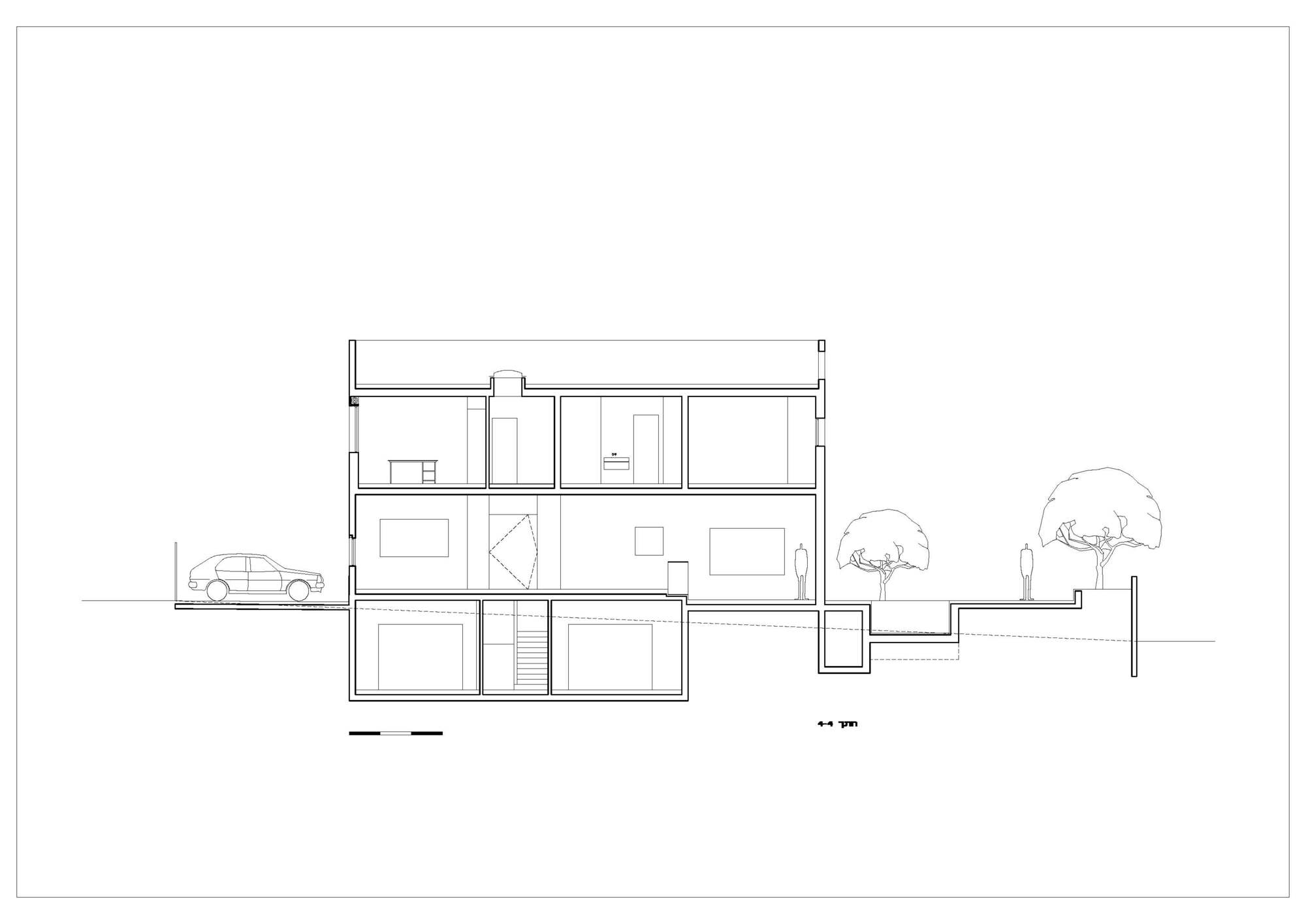 Section drawing showing three levels with central staircase, a parked car and adjacent trees