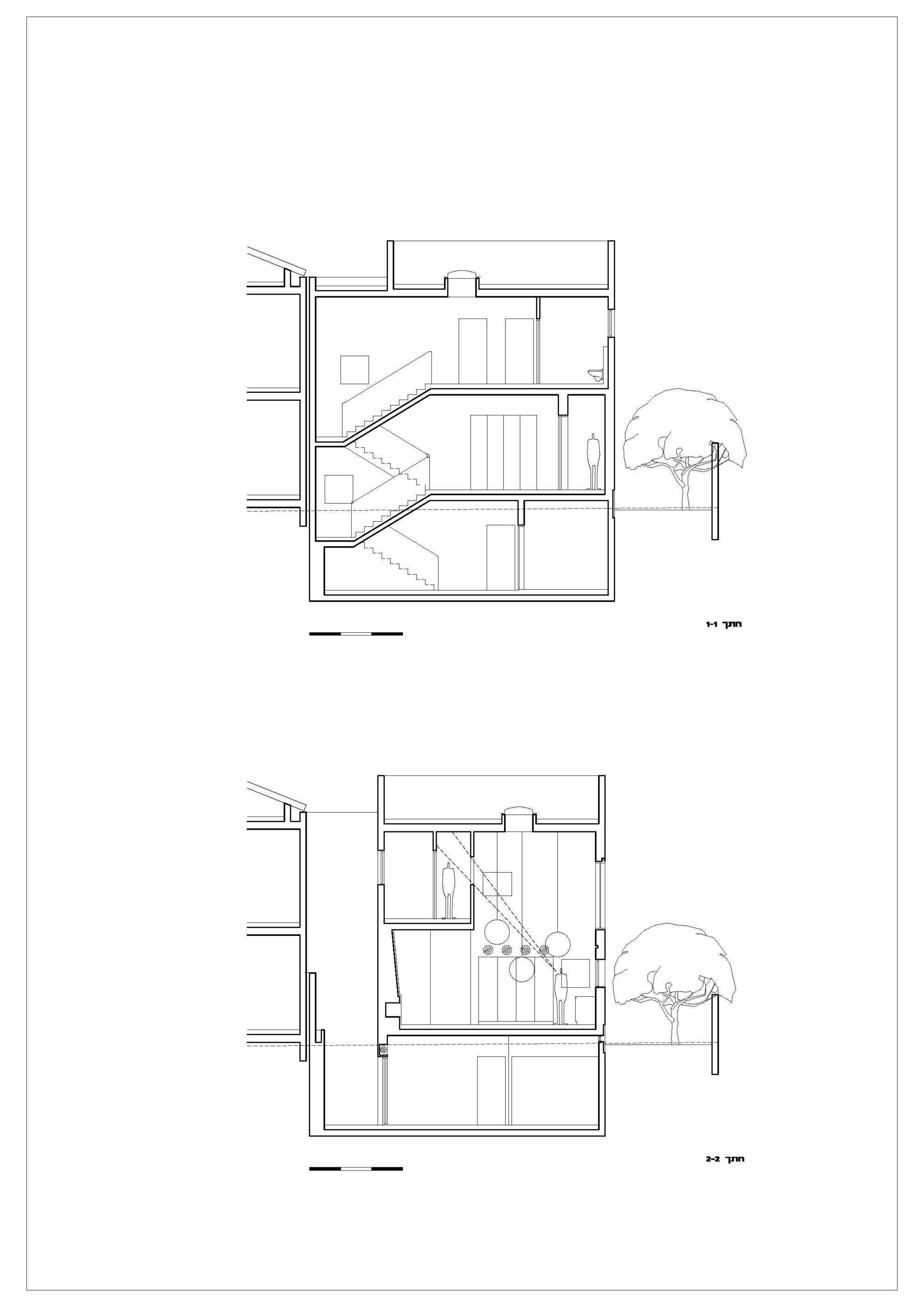 Two section drawings depicting staircase circulation across multiple floors with a tree alongside