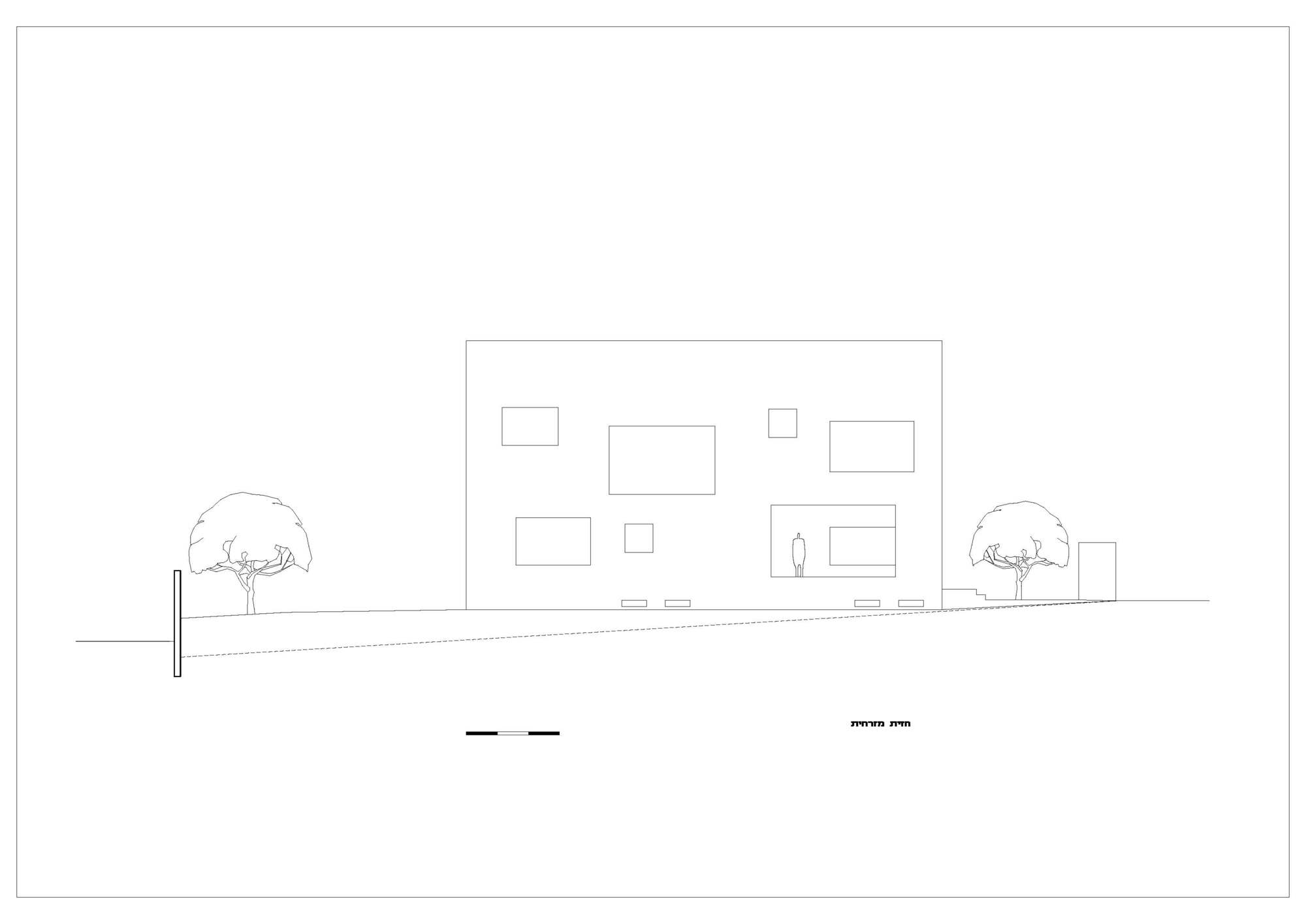Elevation drawing showing facade with scattered window openings and two trees on grade