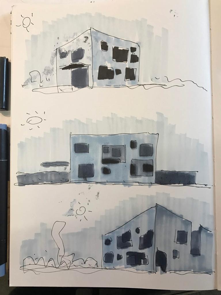 Watercolor elevation sketches depicting three facade variations with window openings and landscape elements