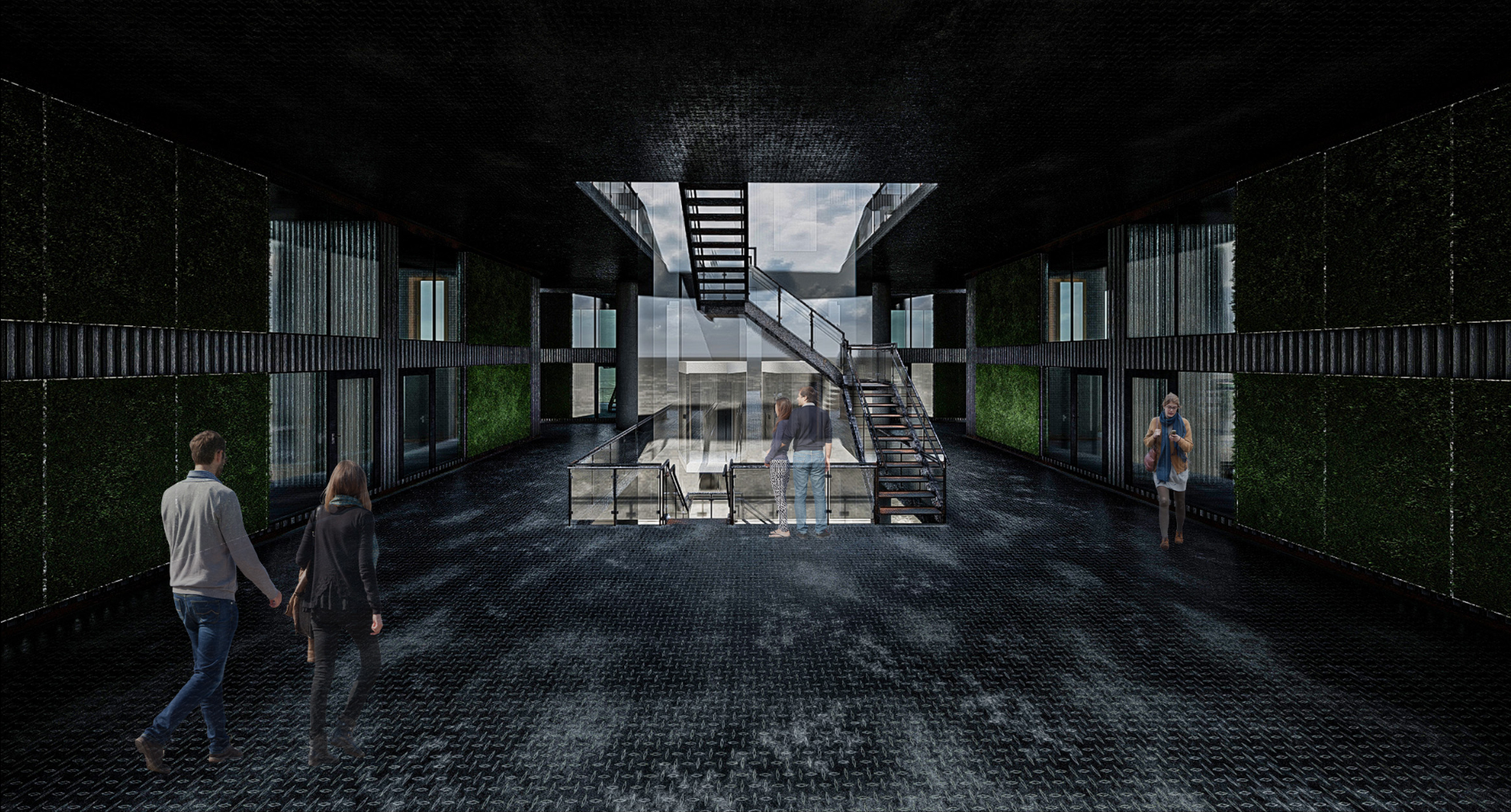Interior circulation spaces combine industrial structure with ecological surfaces, creating immersive communal environments above the ocean.