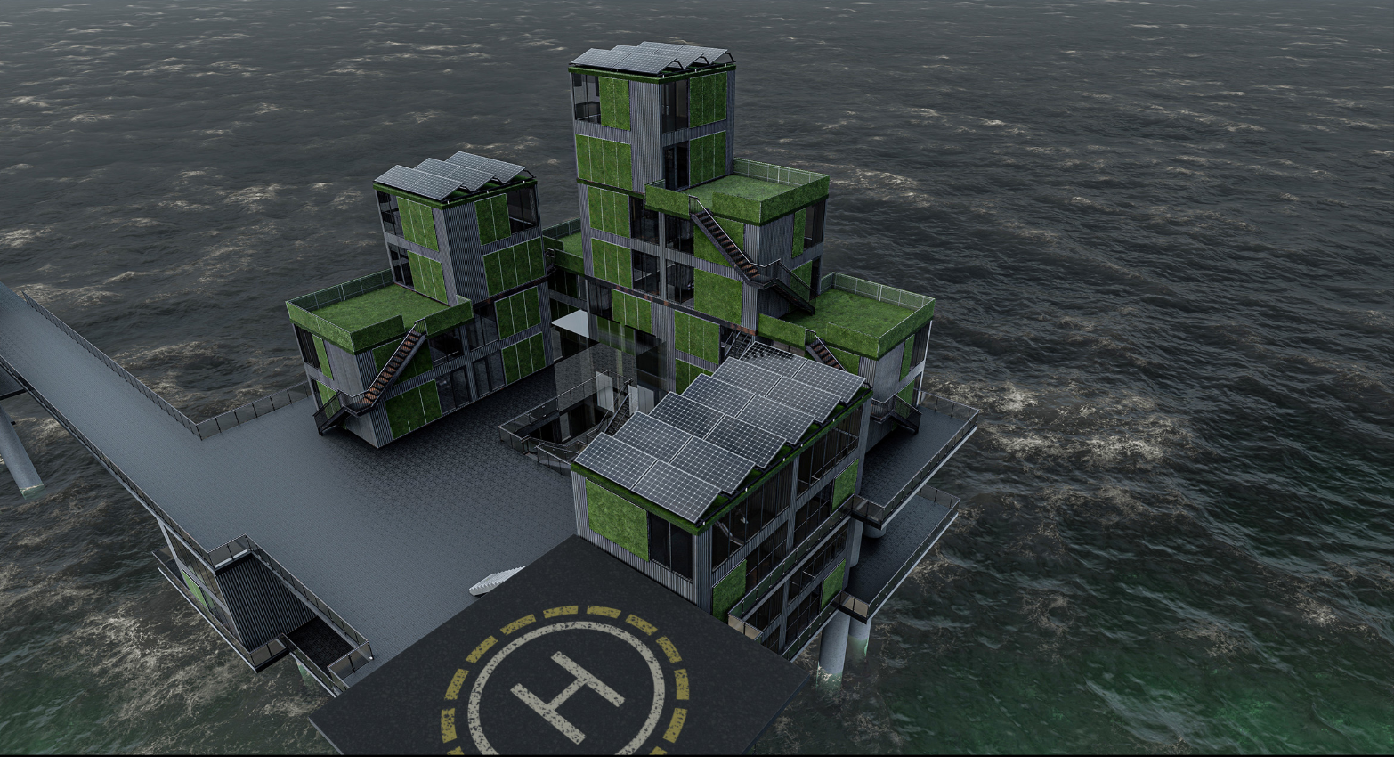Solar-integrated modular units demonstrate sustainable offshore living through adaptive reuse architecture and renewable energy systems.