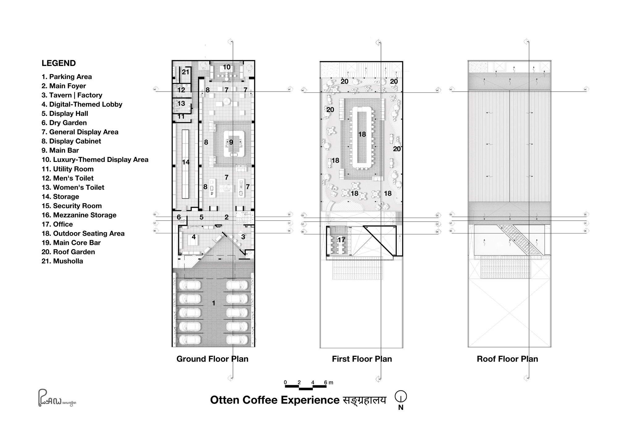 Floor plan drawings showing ground level, first floor, and roof layouts with numbered room legend