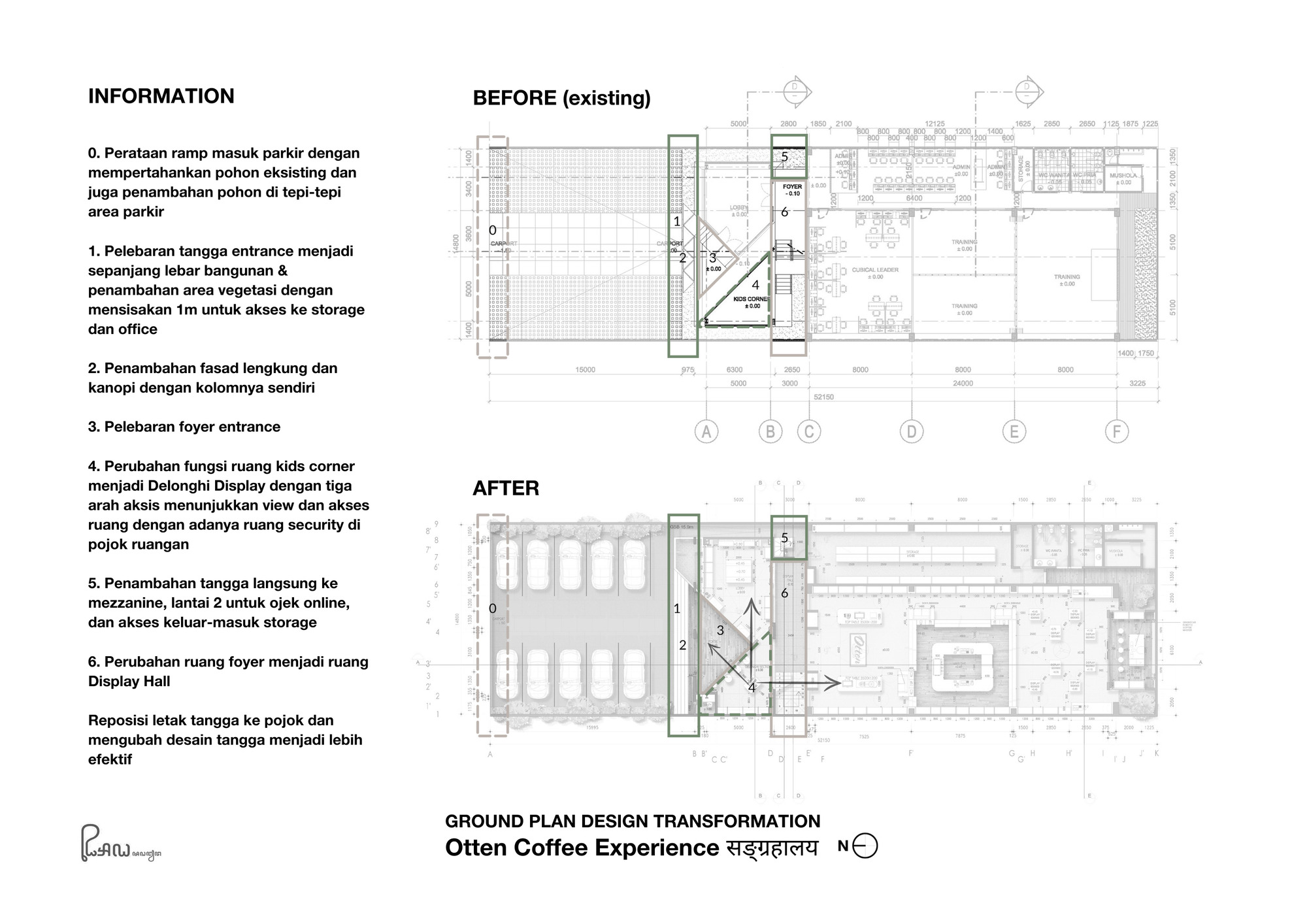 Ground floor plan drawing comparing existing layout with proposed transformation showing entry ramp and interior zones
