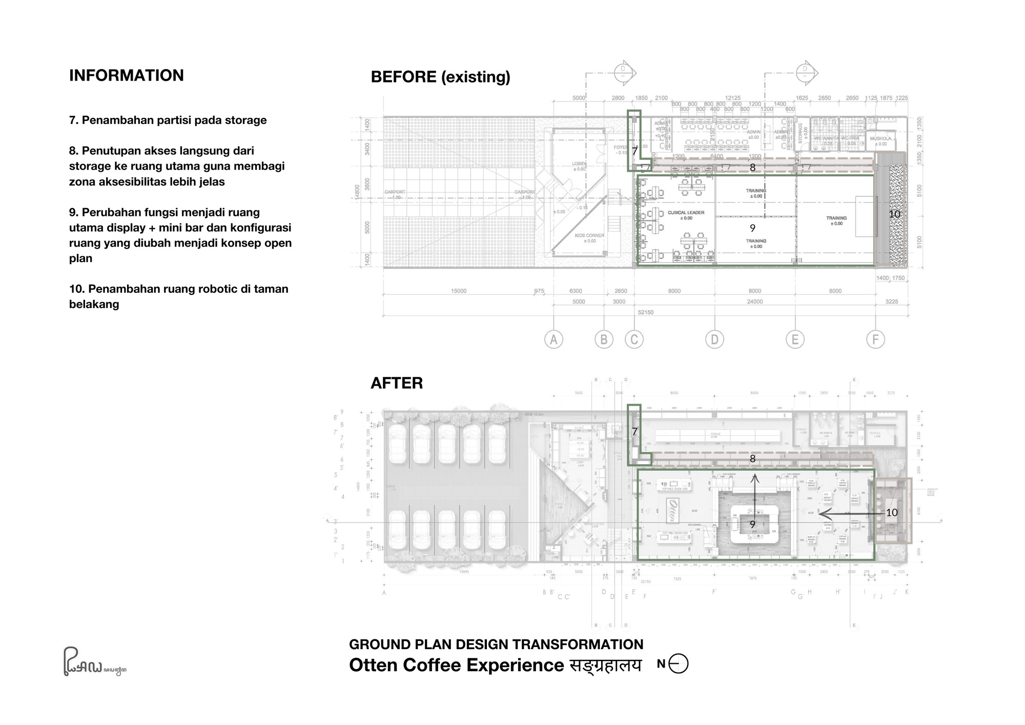 Ground floor plan drawing showing before and after configurations with parking area and interior spatial reorganization