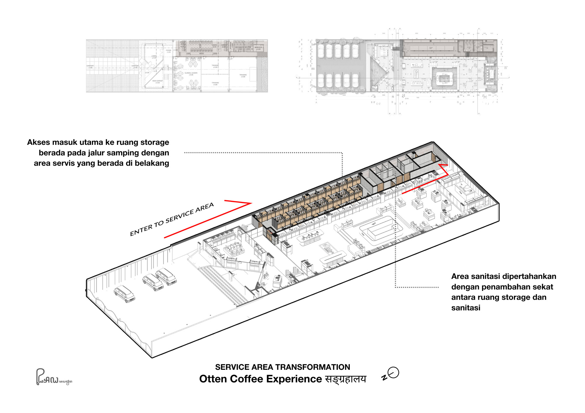 The image presents an axonometric diagram of the Otten Coffee Experience, focusing on the transformation of the service area. It highlights the main access to t
