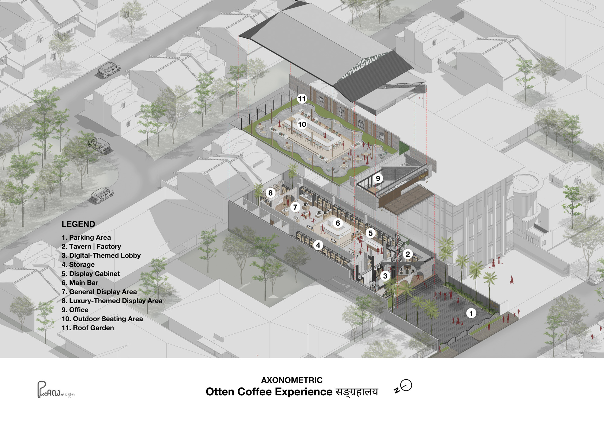 Axonometric drawing of the full building complex with numbered interior zones and surrounding street trees