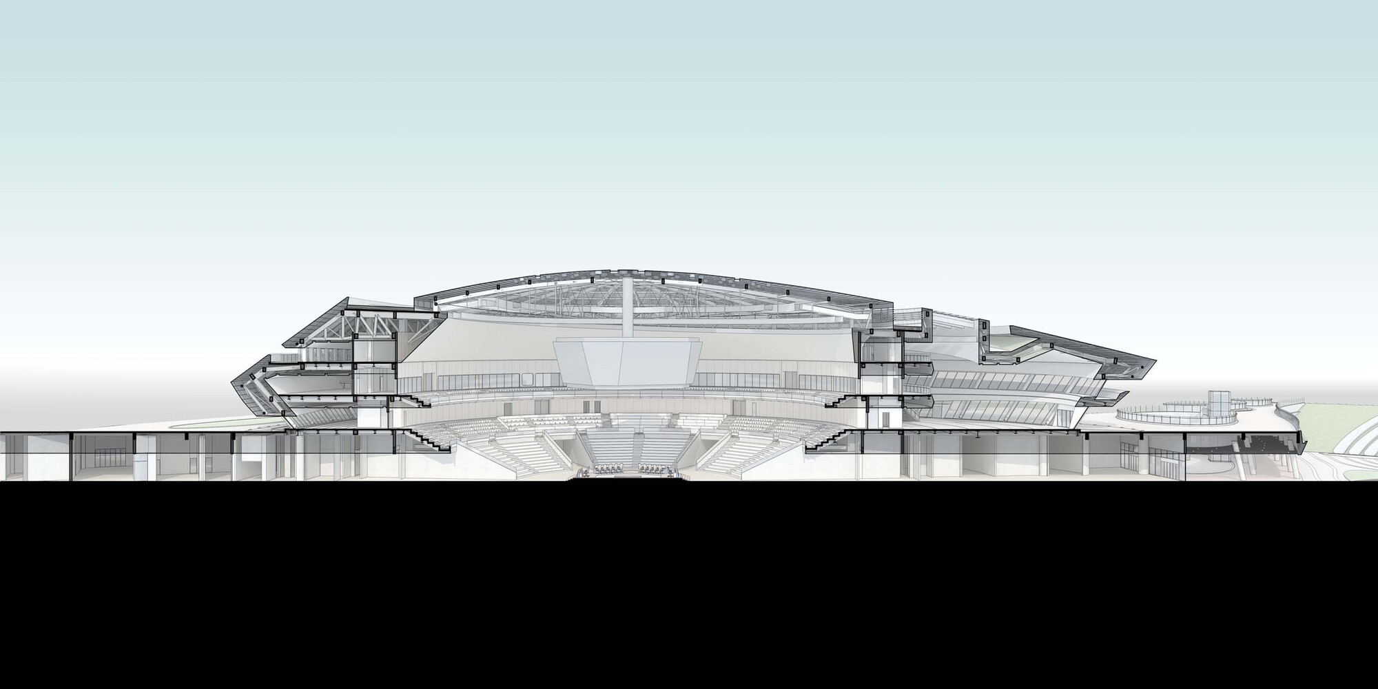 Section drawing revealing the stacked interior levels beneath the cantilevered roof canopy