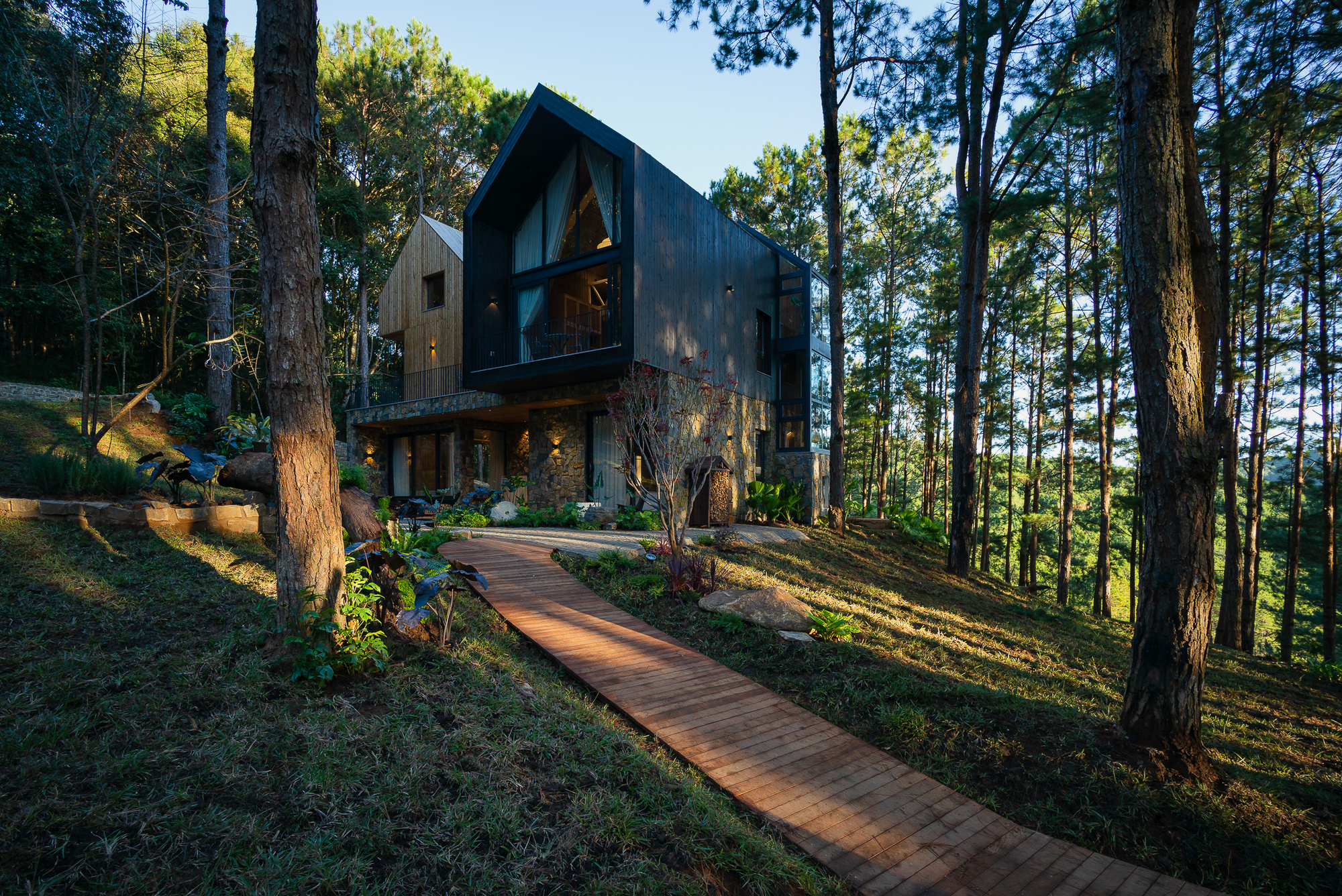 Timber walkway winding uphill through pine trees toward the stone and metal facade in afternoon light