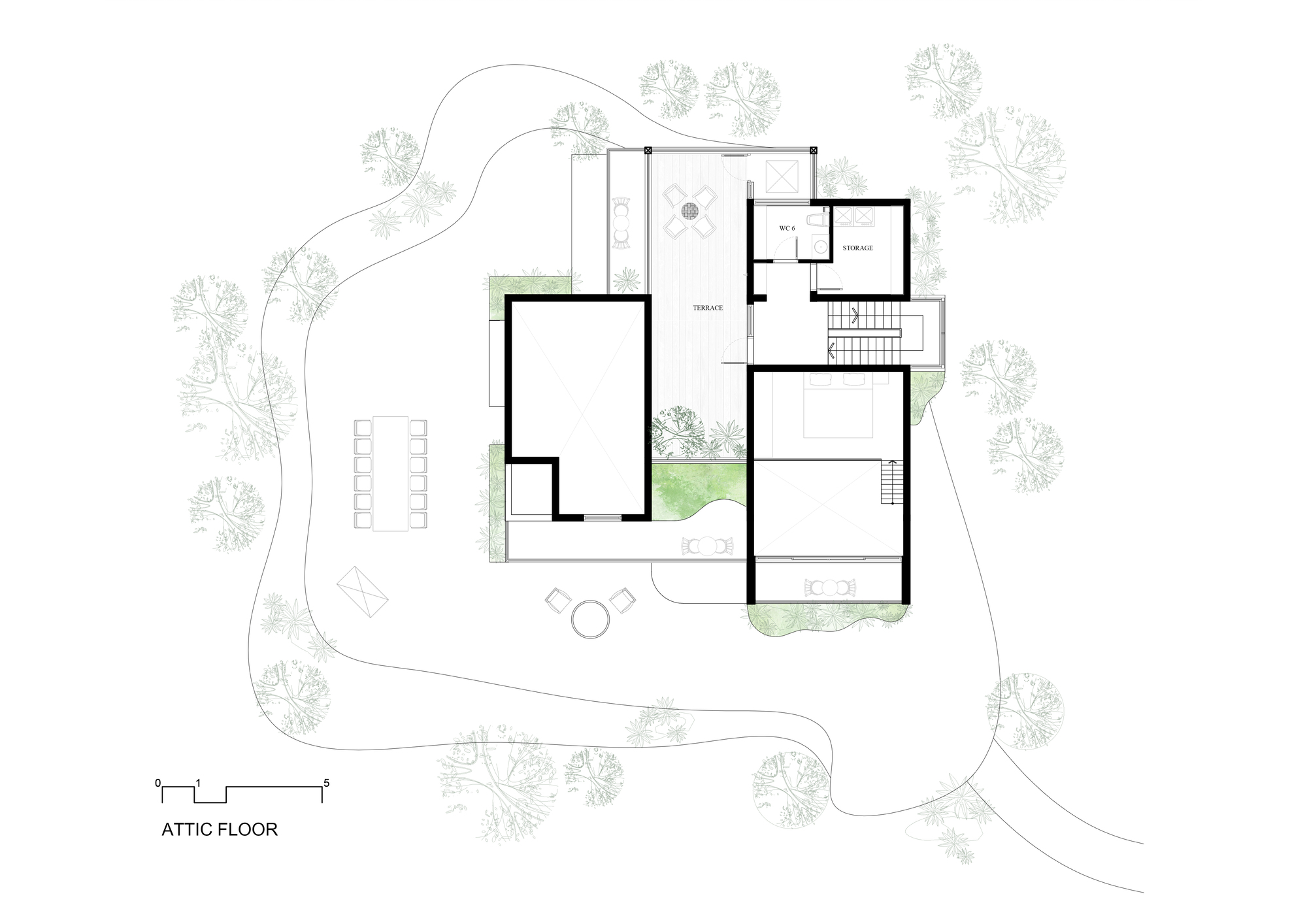 Attic floor plan drawing showing bedroom suite and storage zones with surrounding tree canopy illustrated