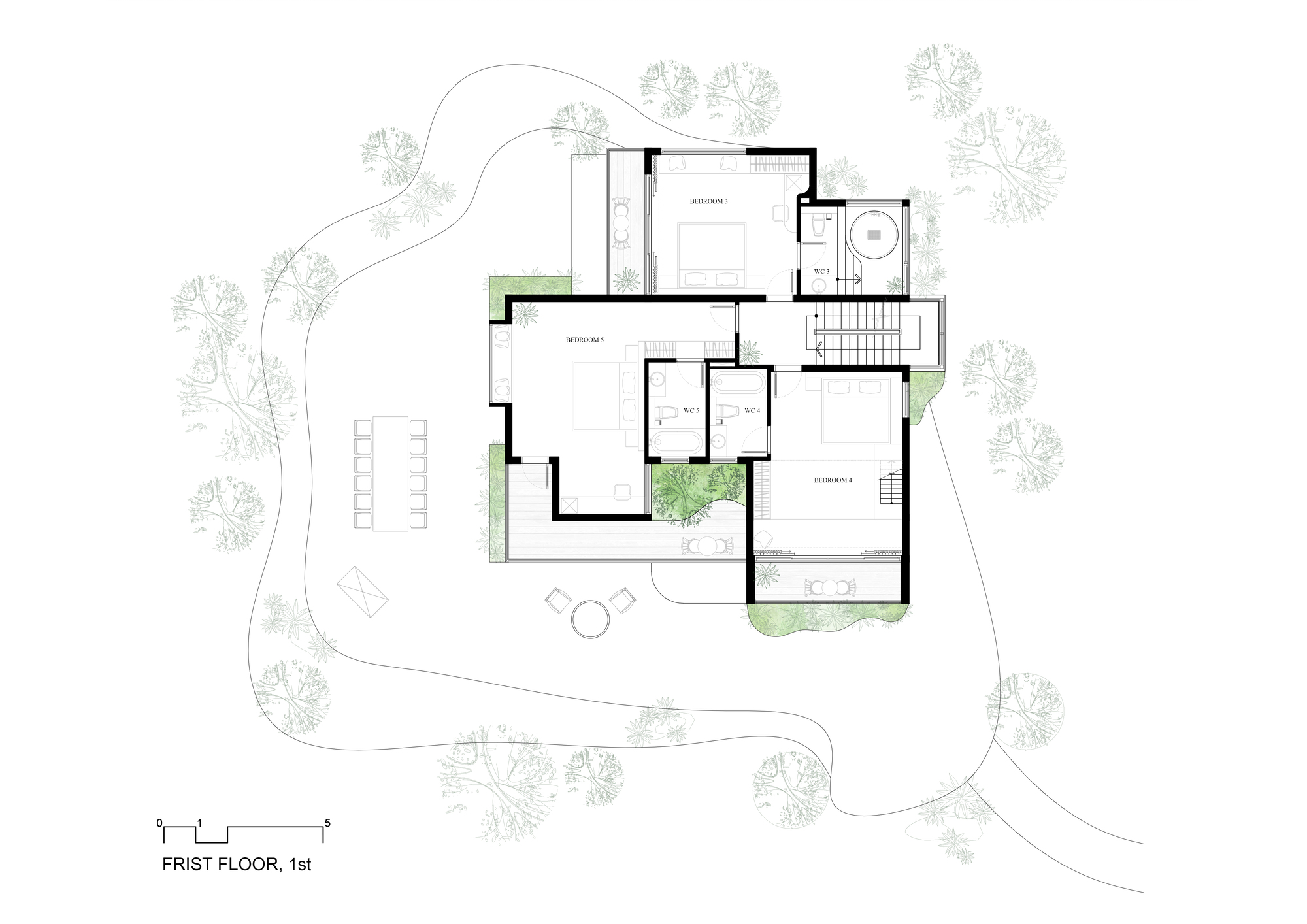 First floor plan drawing showing bedroom wing with bathrooms and circulation core