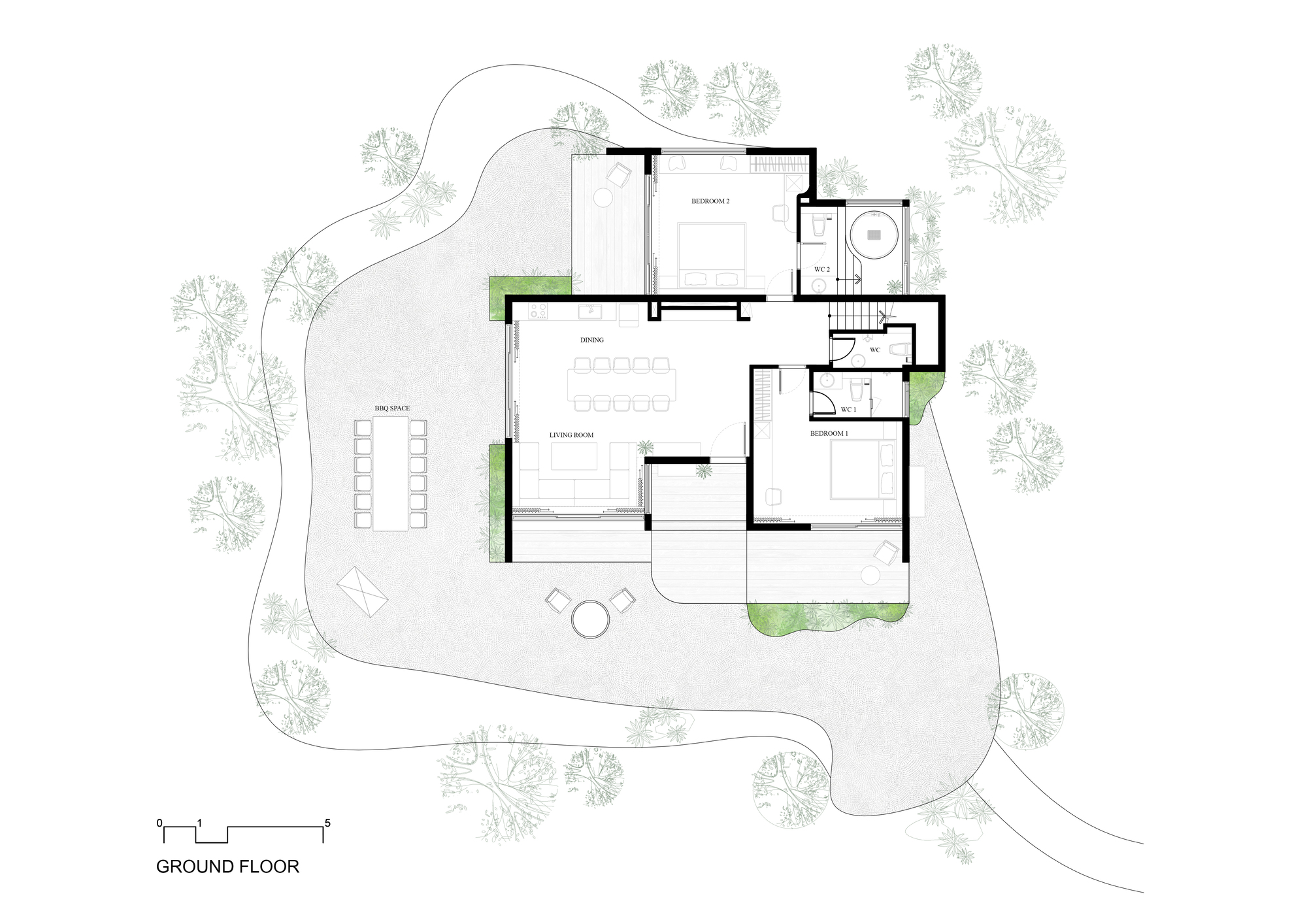 Ground floor plan drawing showing open living and dining spaces with terrace and landscaped perimeter