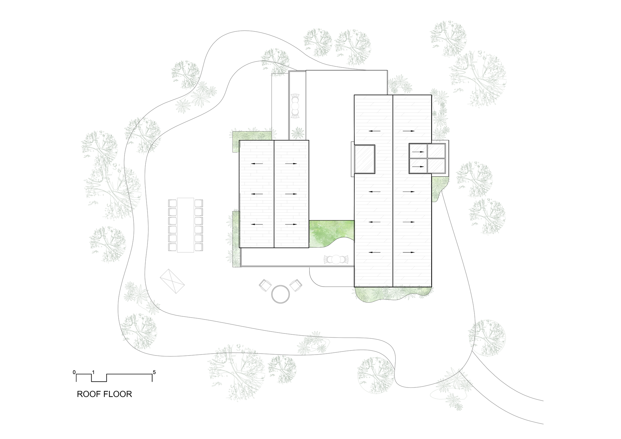 Roof floor plan showing rectangular volumes arranged around a central courtyard with surrounding trees and pathways