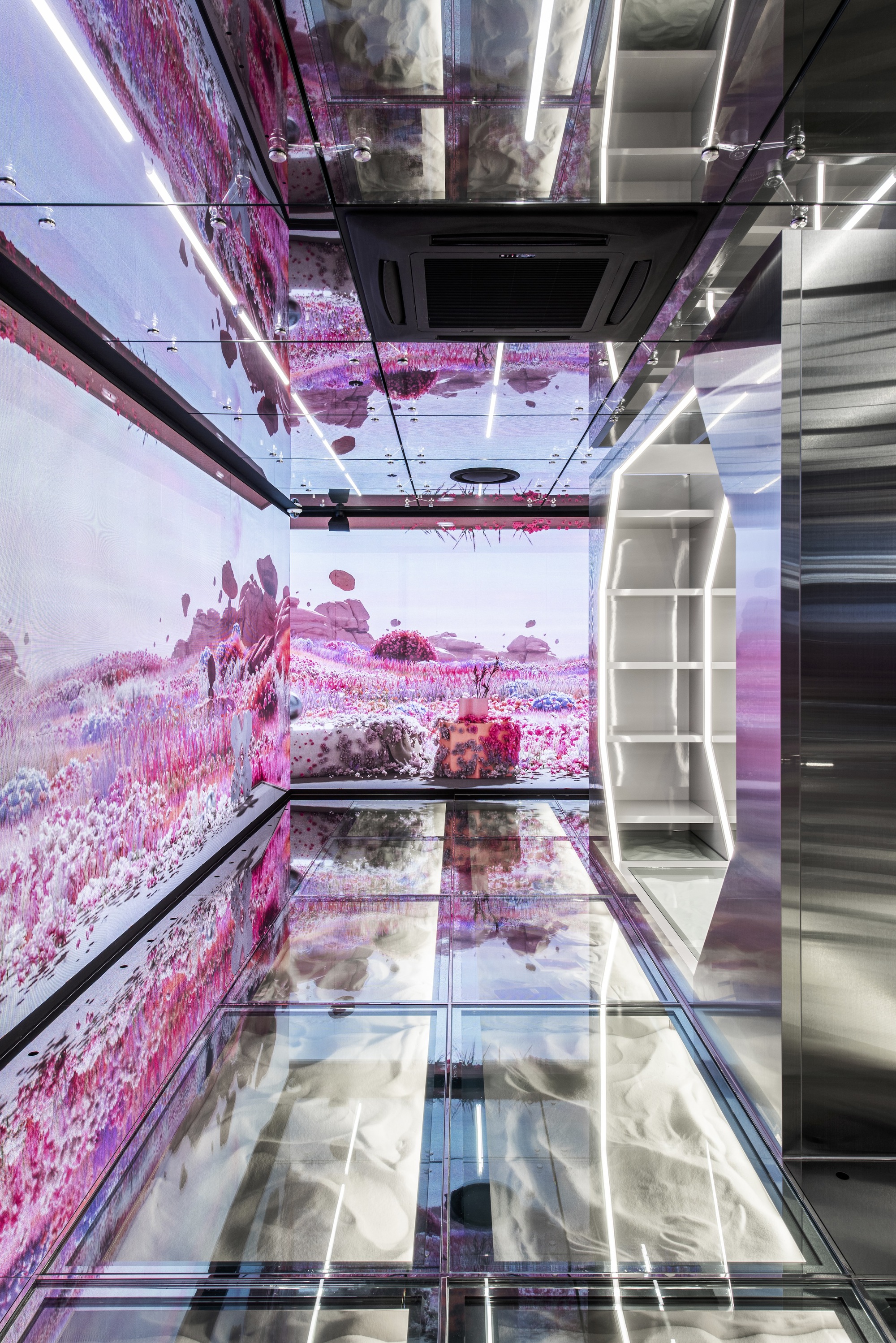 Glass floor revealing pink floral imagery projected on walls and ceiling of the gallery below