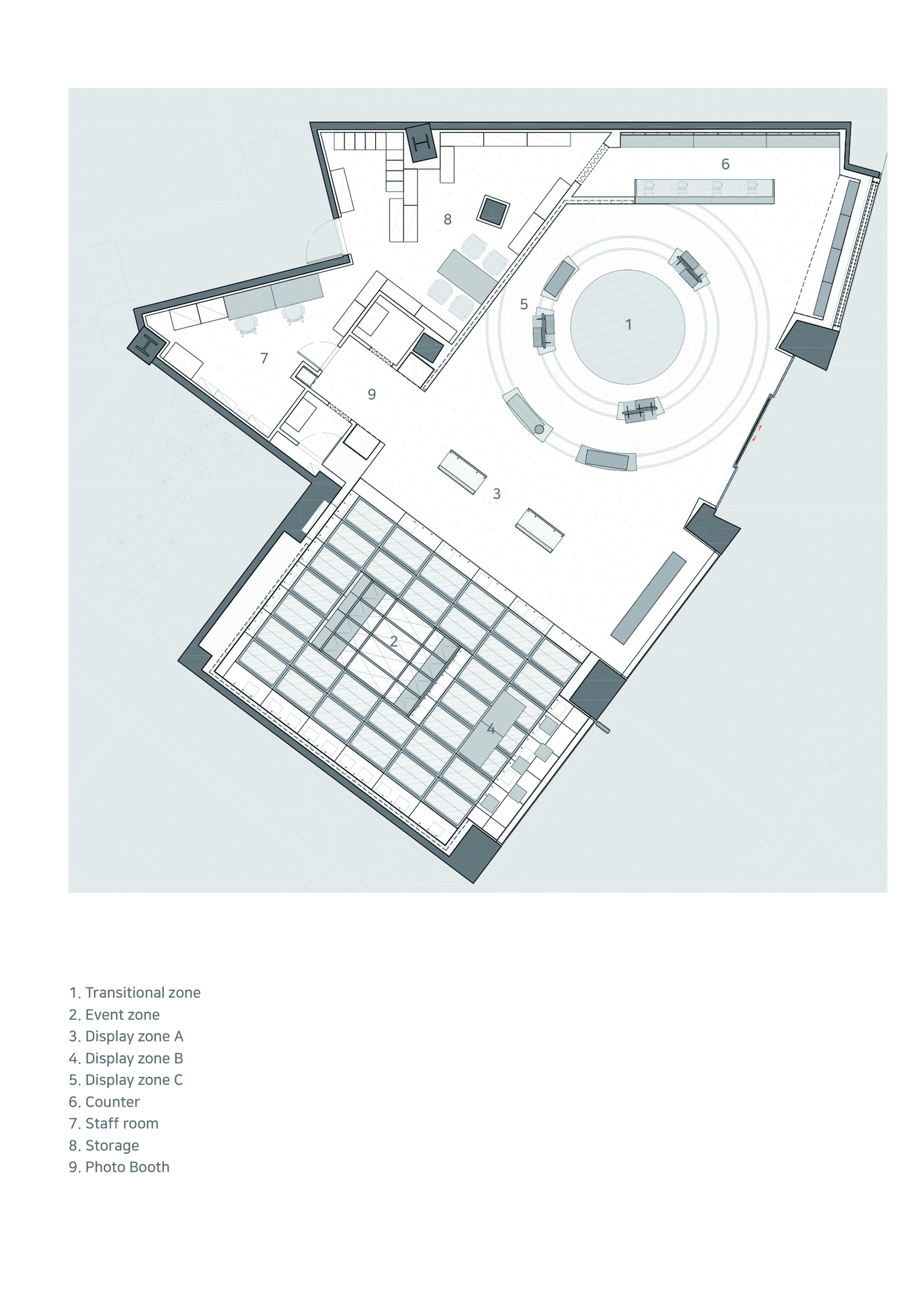 Floor plan drawing showing irregular perimeter with circular counter zone and grid of display tables