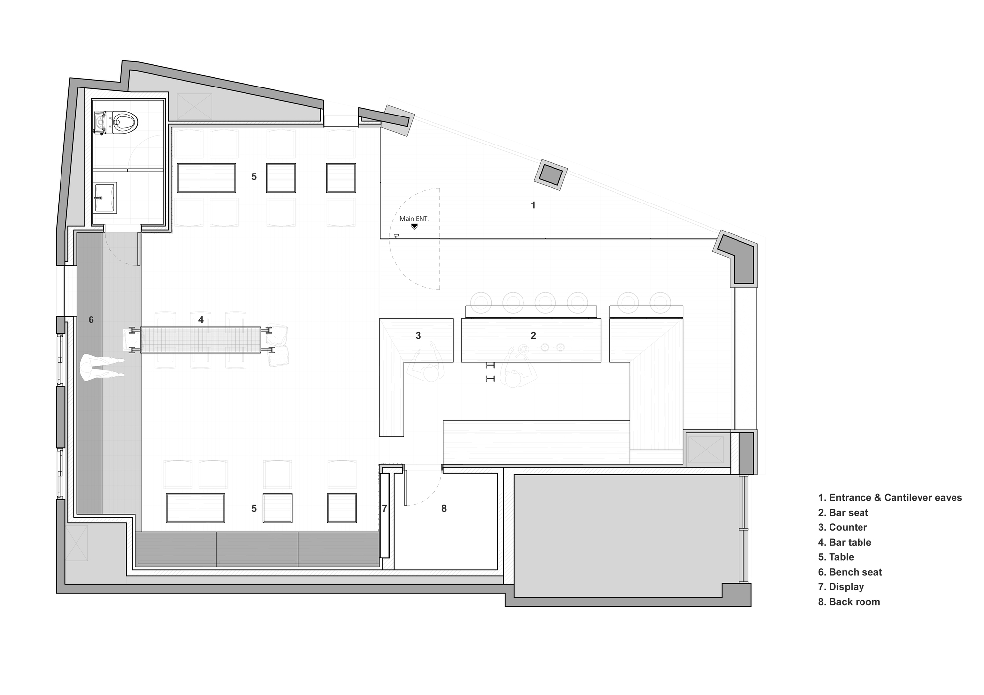 Floor plan drawing showing an angular layout with bar seating, counter, and back room