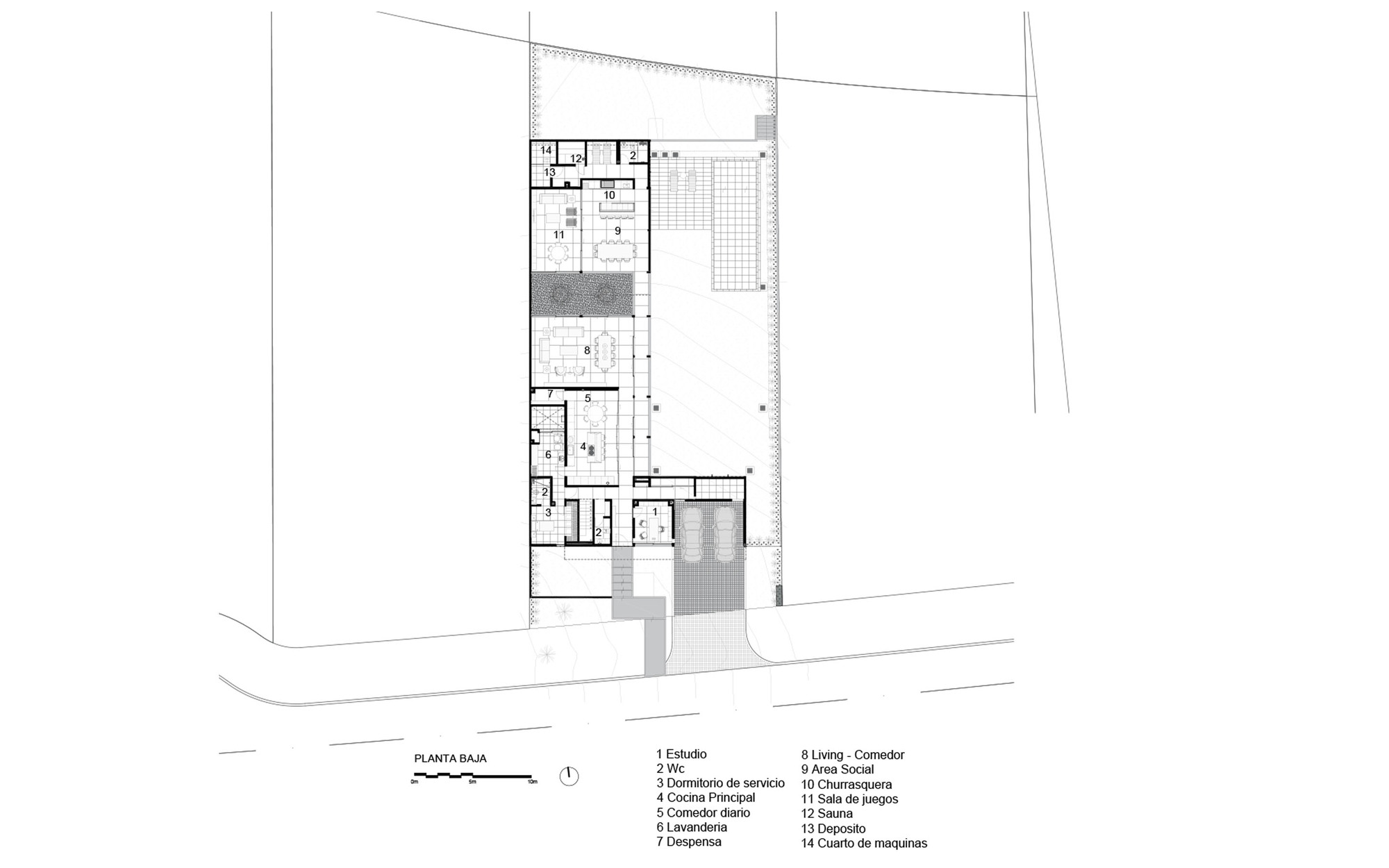 Ground floor plan showing L-shaped building with interior courtyard and pool on a sloped site