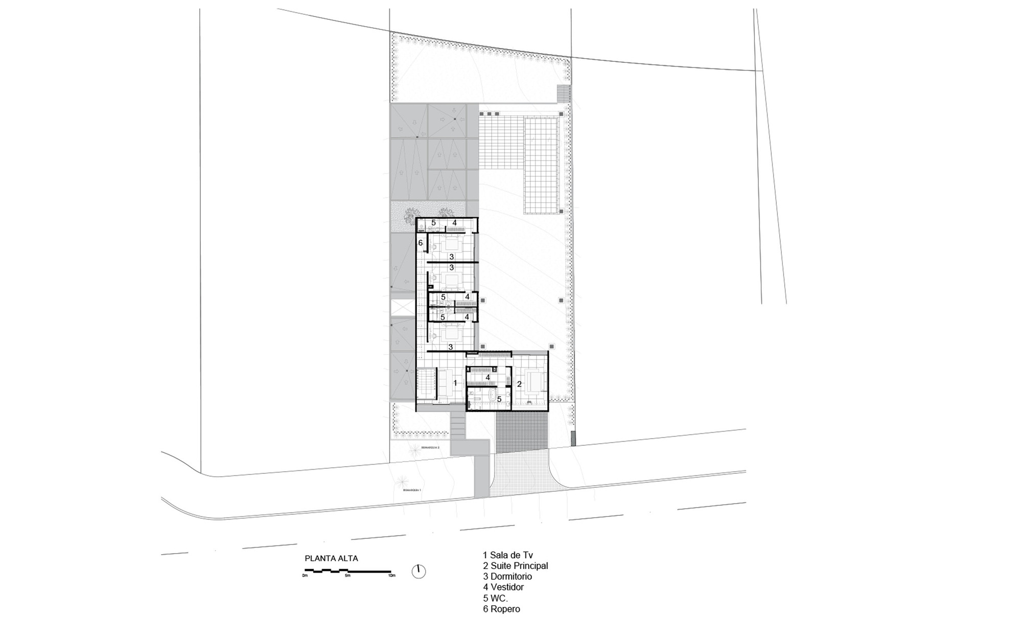 Upper floor plan showing smaller L-shaped footprint with terrace and pool deck below