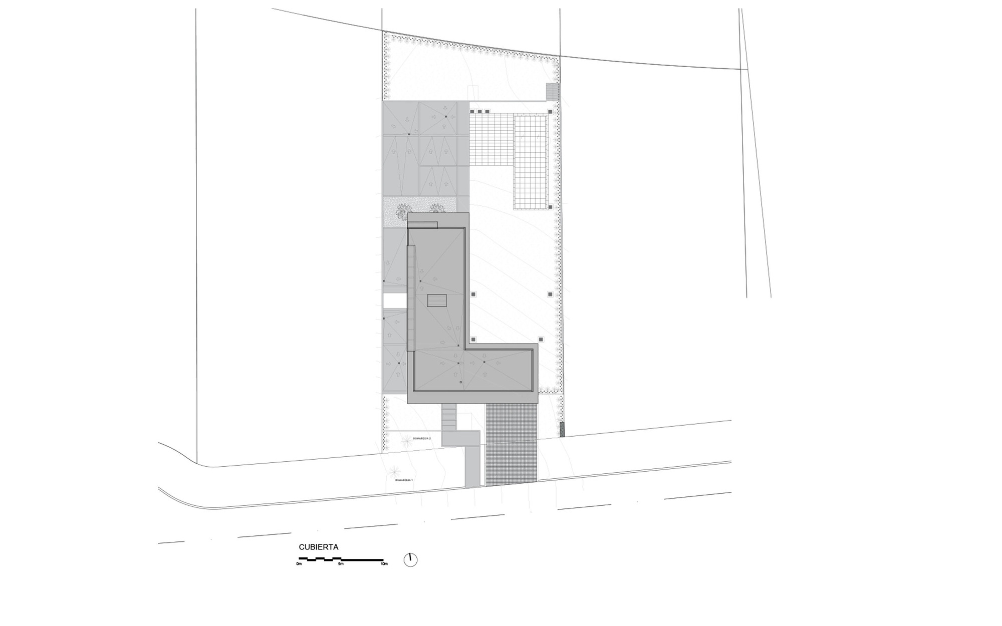 Roof plan showing pool and terrace with surrounding landscape and adjacent street