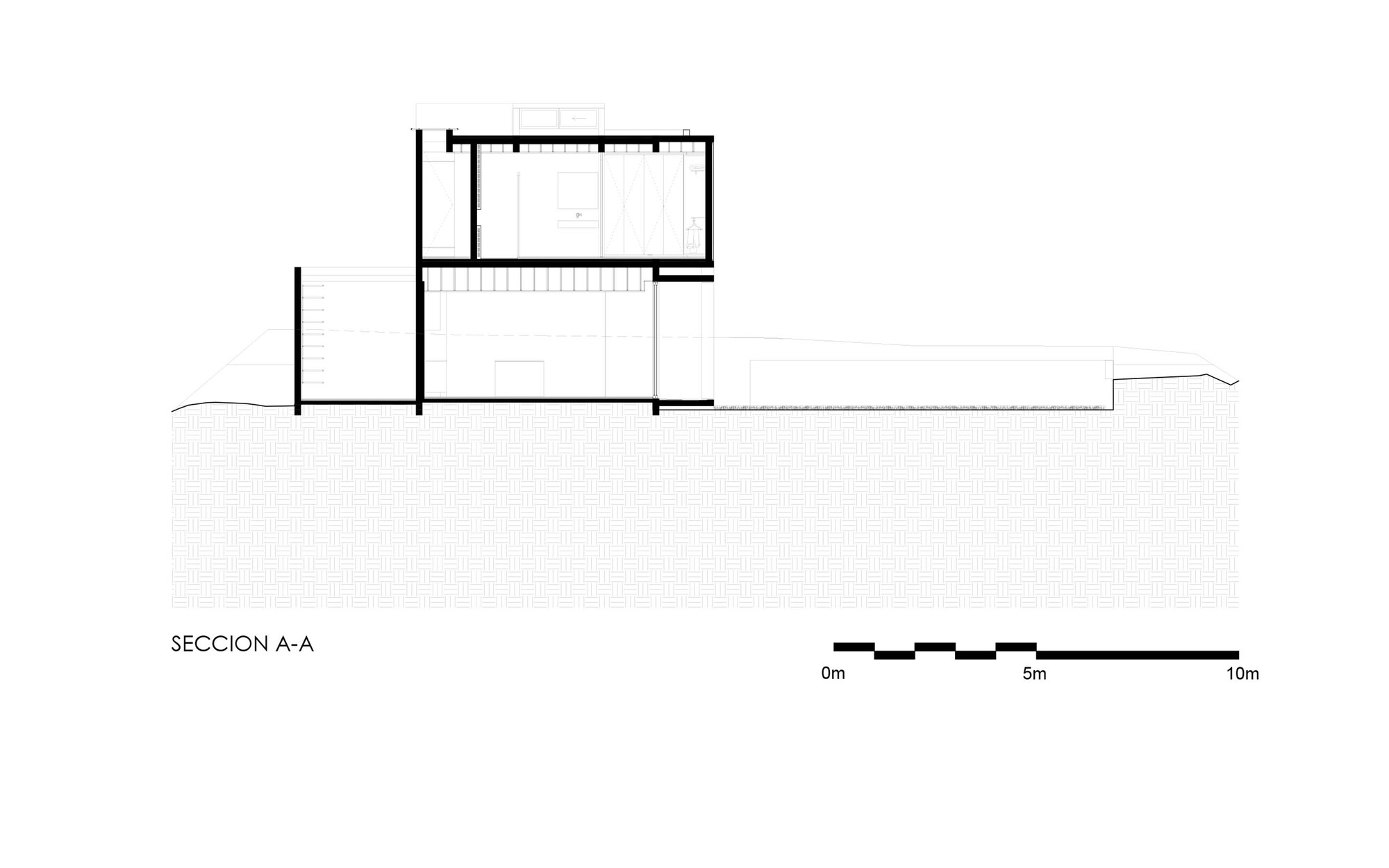 Section drawing showing a two-level structure with stairs and a sloping ground plane
