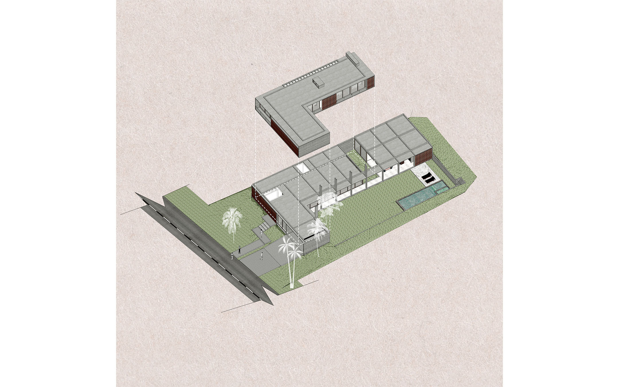 Axonometric drawing showing L-shaped volumes with green lawn, palms, and an adjacent road