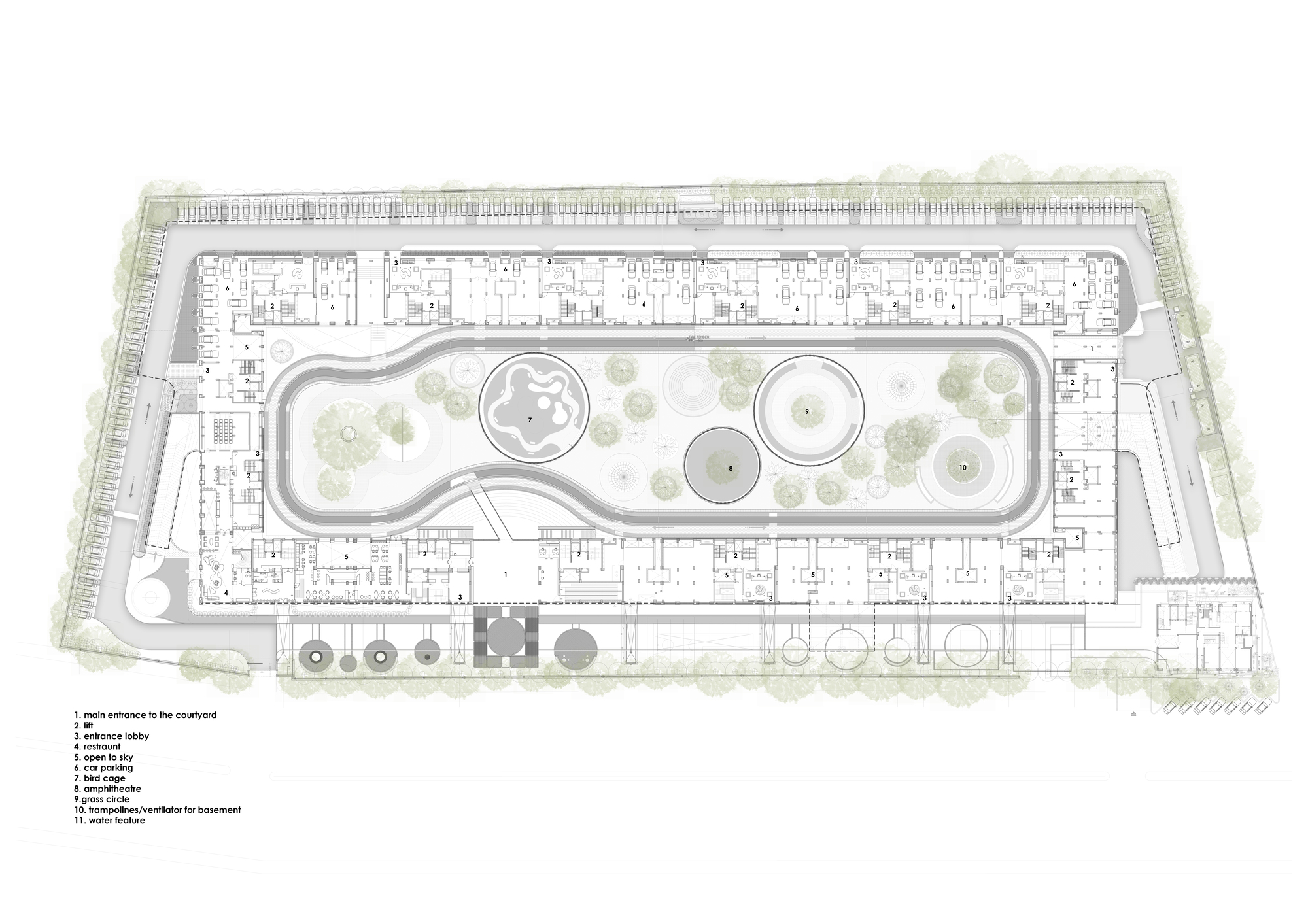 Site plan drawing showing residential wings framing a central courtyard with curving pathways and circular water features
