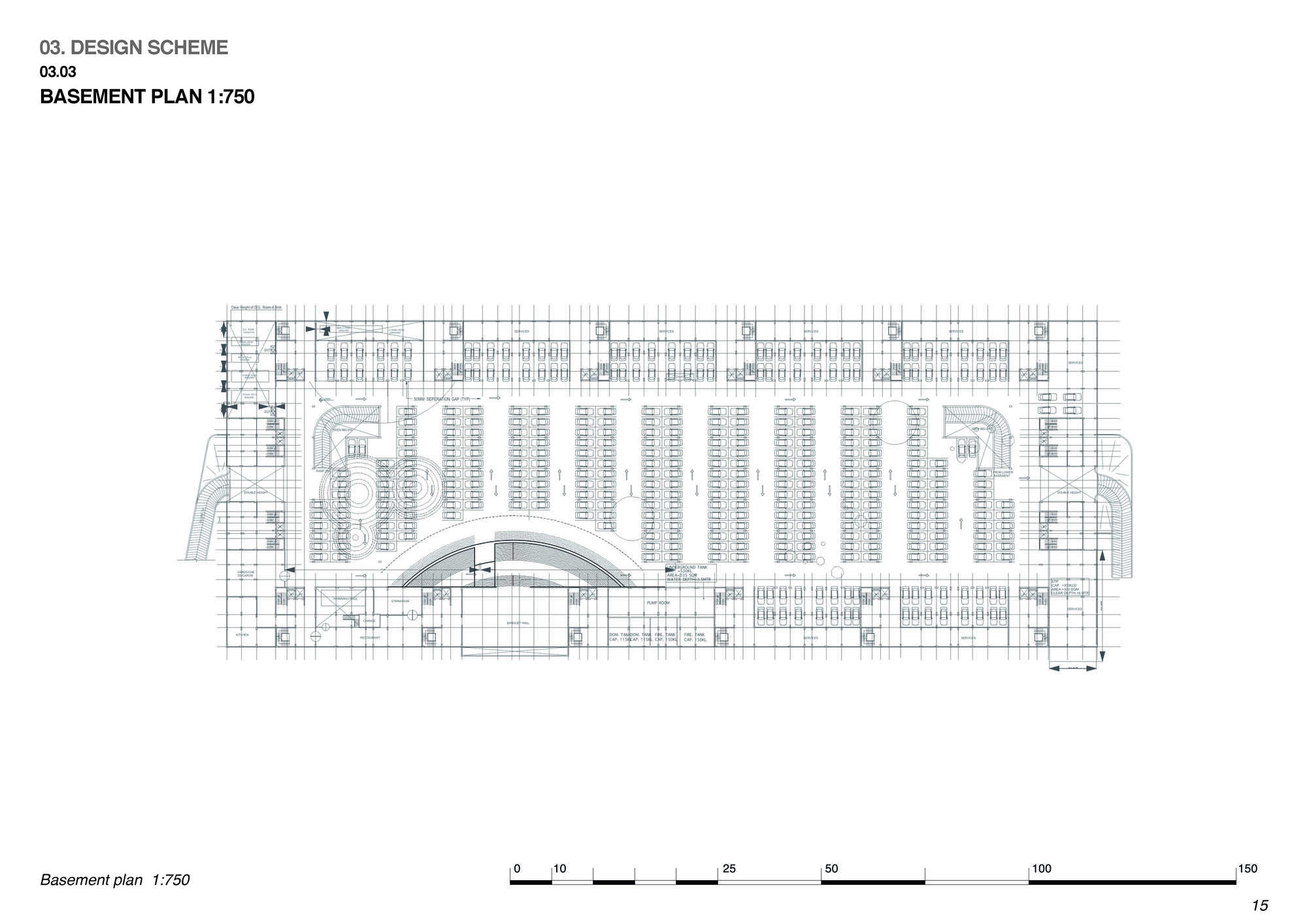 Basement plan drawing at 1:750 scale revealing parking rows and a curved entrance below the residential block