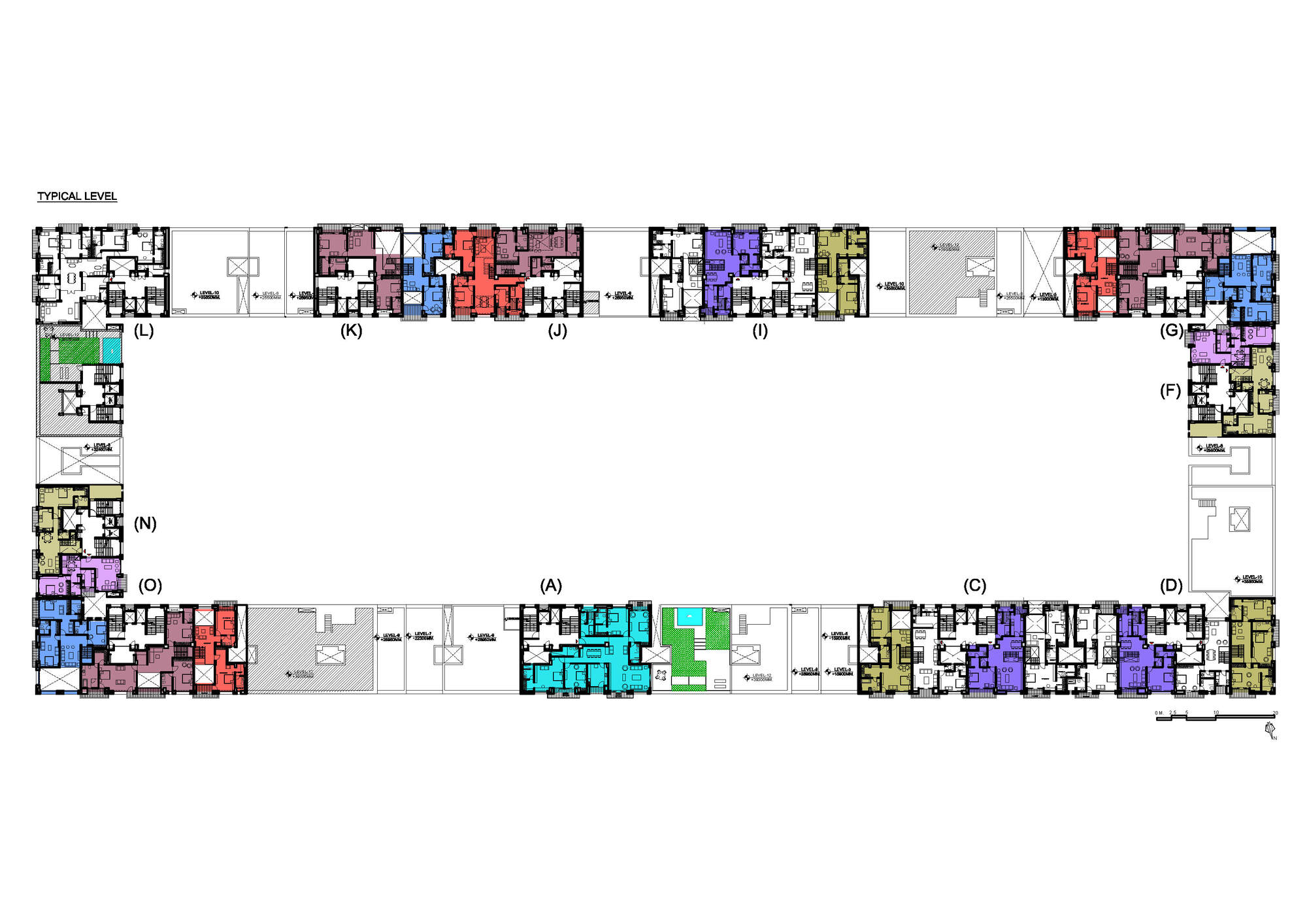 Typical level floor plan with color-coded unit types arranged around a central courtyard void and lettered circulation towers