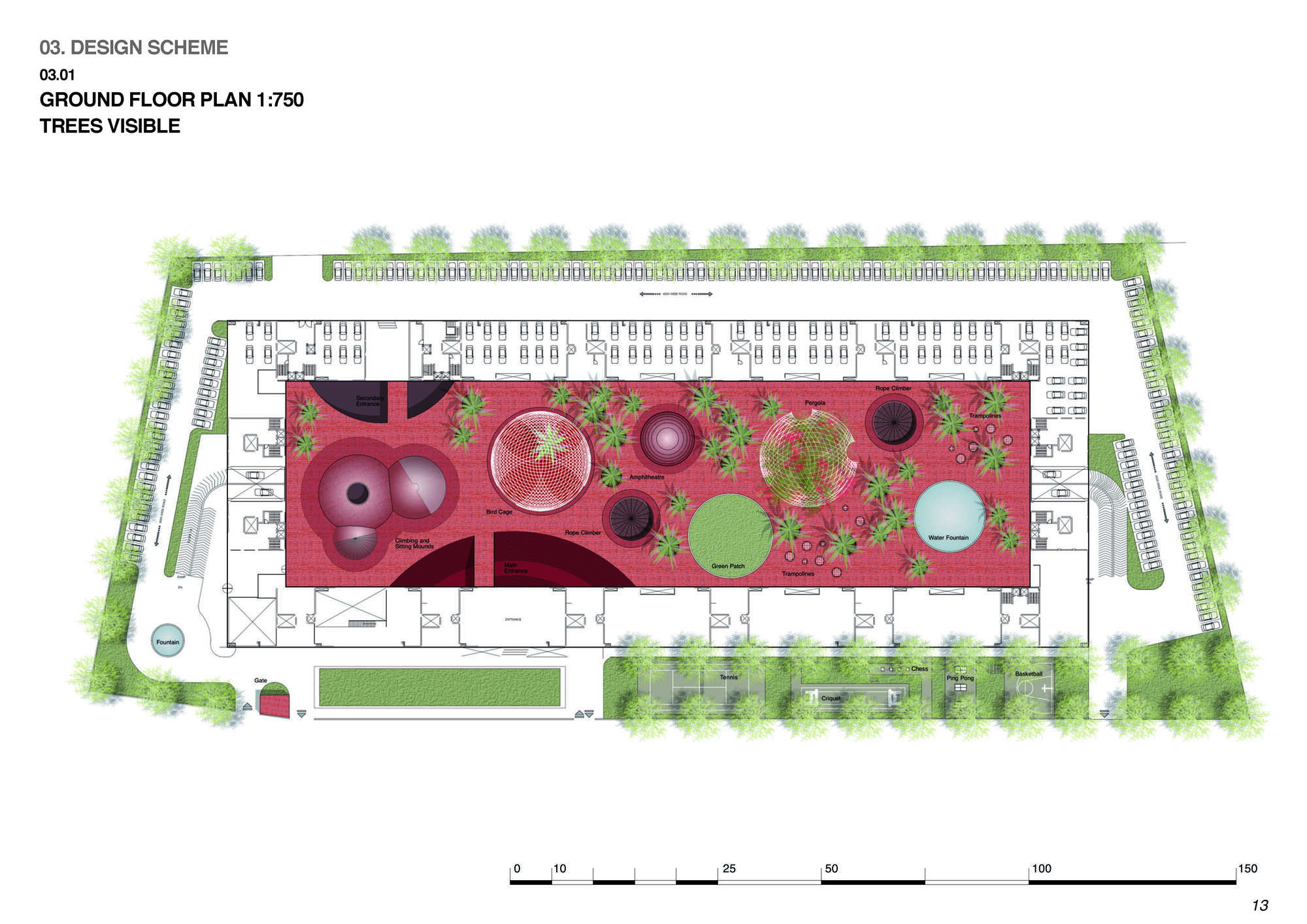 Ground floor plan drawing showing central courtyard with planted circles surrounded by residential units and perimeter landscaping